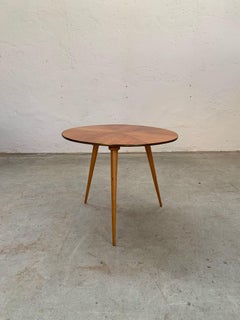 Round wooden table with brass top edge and three legs, itlay, 1950s