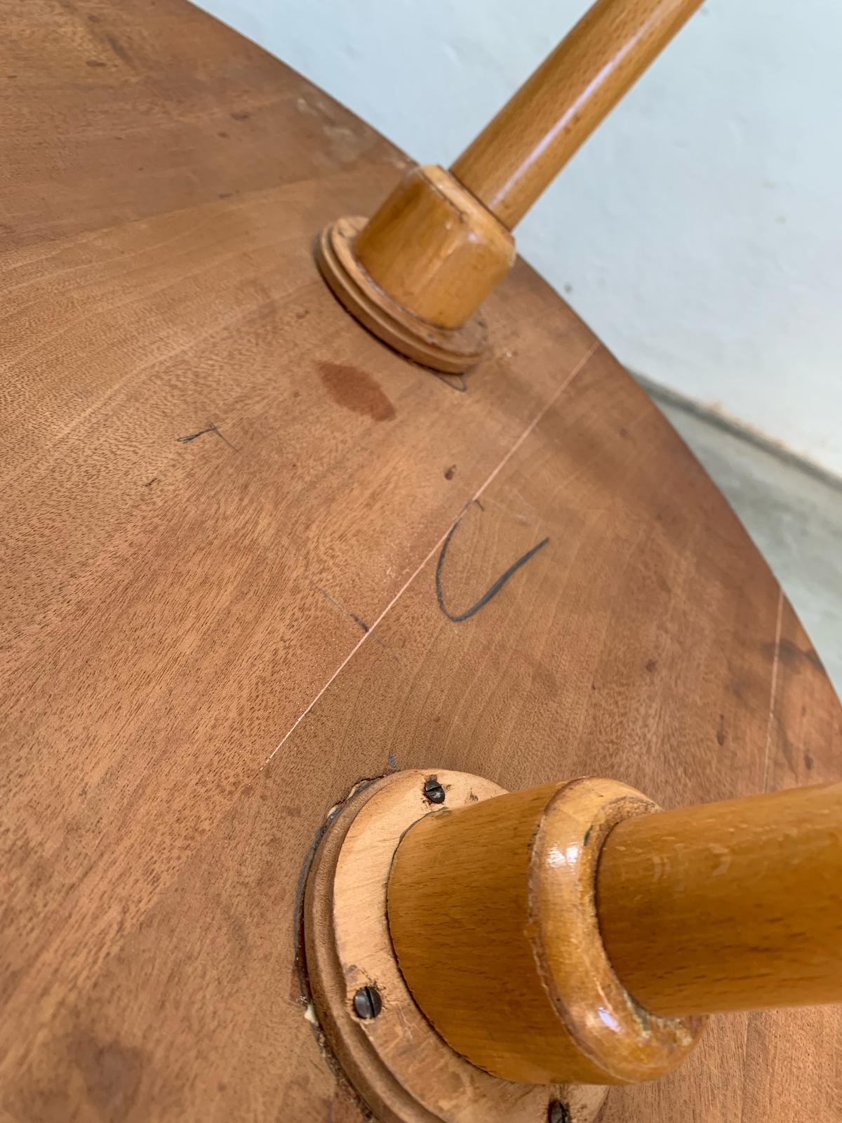 Brass Round wooden table with brass top edge and three legs, itlay, 1950s For Sale