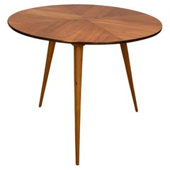 Round wooden table with brass top edge and three legs, itlay, 1950s