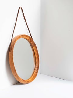 Round Wooden Wall Mirror - Pine & Leather - Sweden 1960s