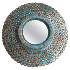 Round Wooden Wall Mirror Polychromed in Shades of Blue