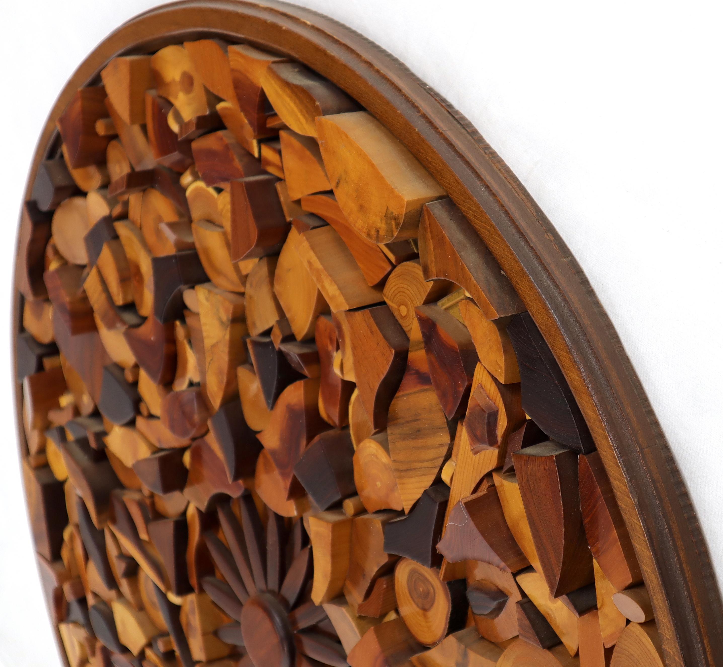 Mid-Century Modern Round Wooden Wall Plaque Sculpture Sunburst For Sale