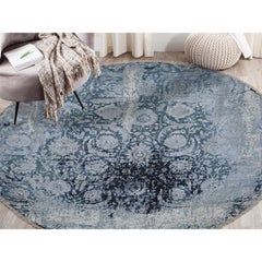 Round Wool and Silk Broken Persian Tabriz Erased Design Handmade Rug