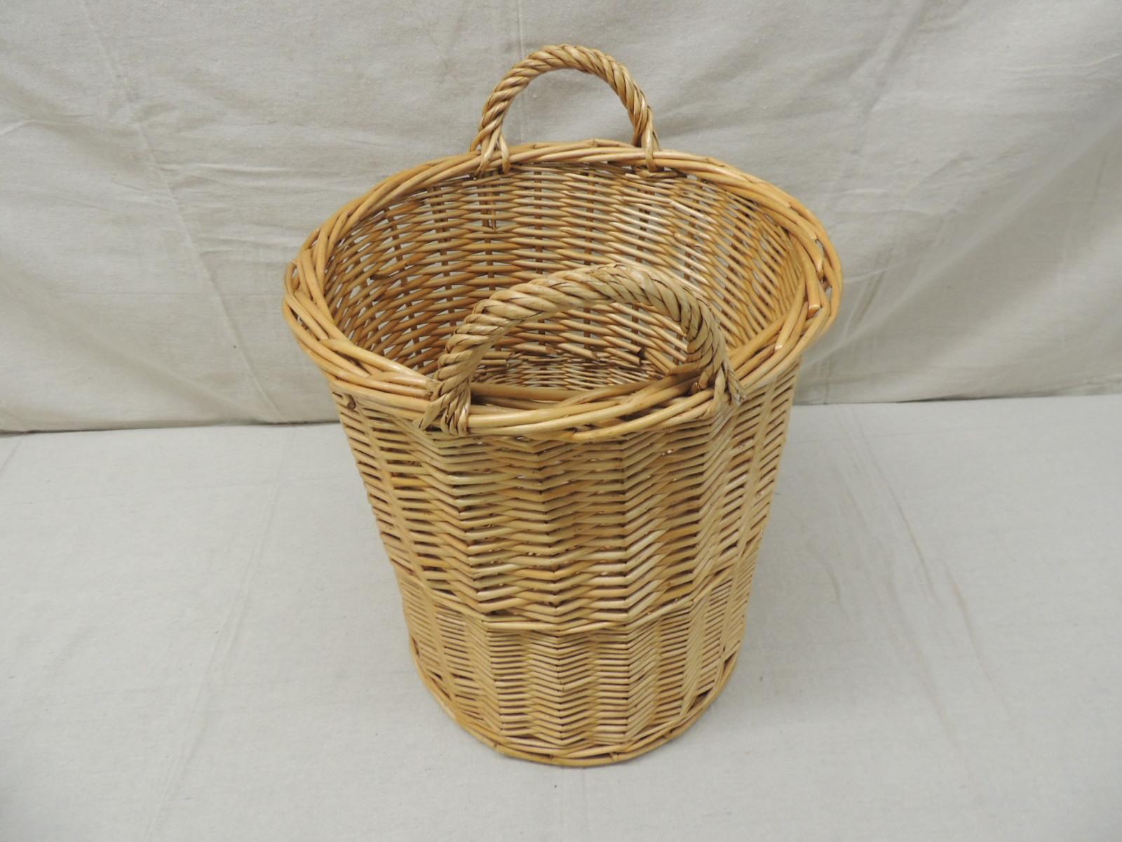 Bohemian Round Woven Basket or Wastebasket with Handles