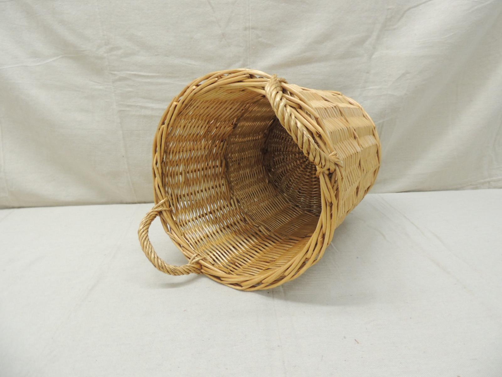 Vietnamese Round Woven Basket or Wastebasket with Handles