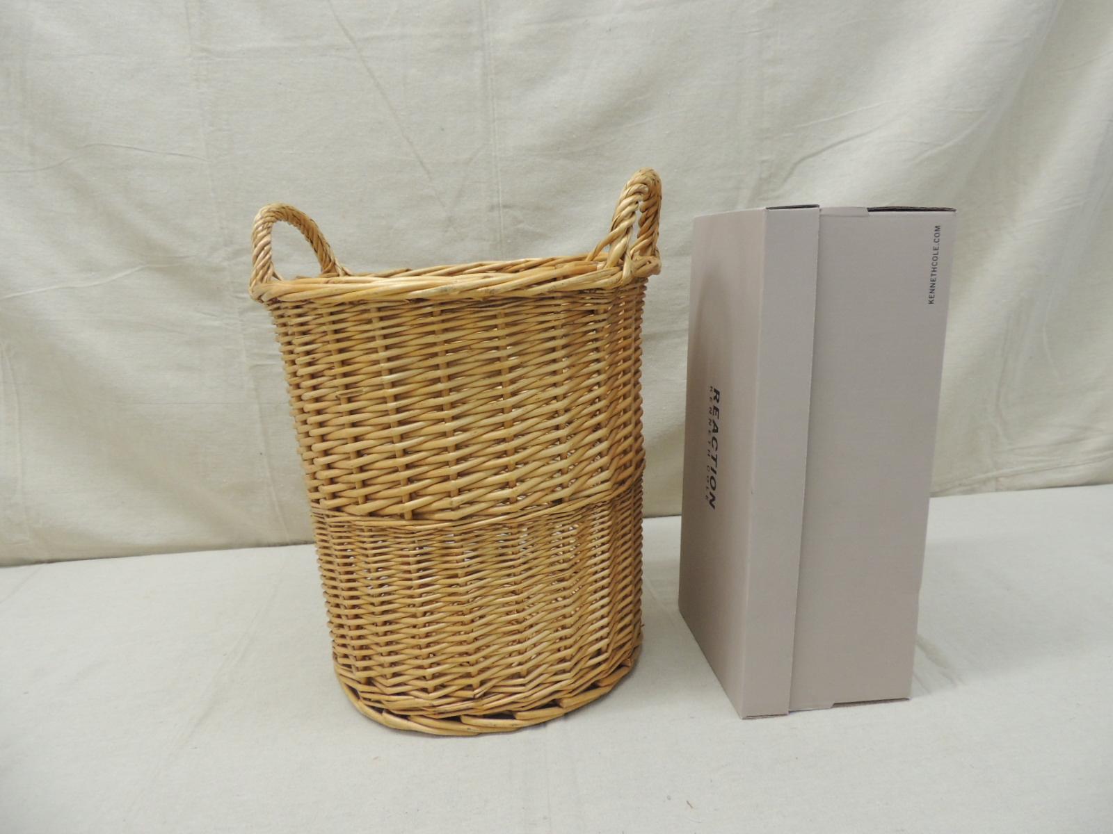 Hand-Crafted Round Woven Basket or Wastebasket with Handles