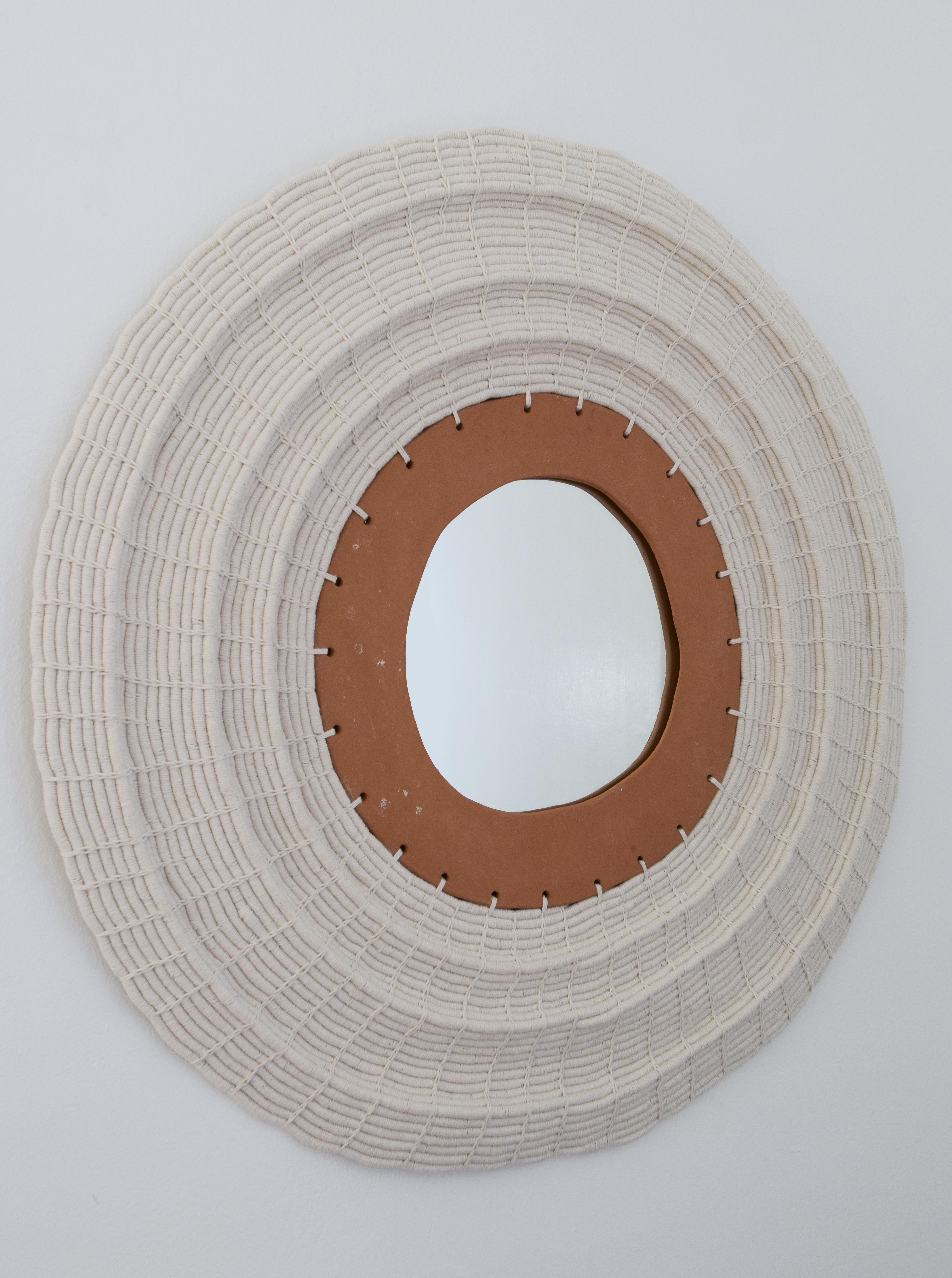 American Handmade Custom Round Woven White Cotton and Unglazed Ceramic Mirror