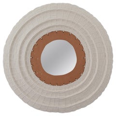 Handmade Custom Round Woven White Cotton and Unglazed Ceramic Mirror