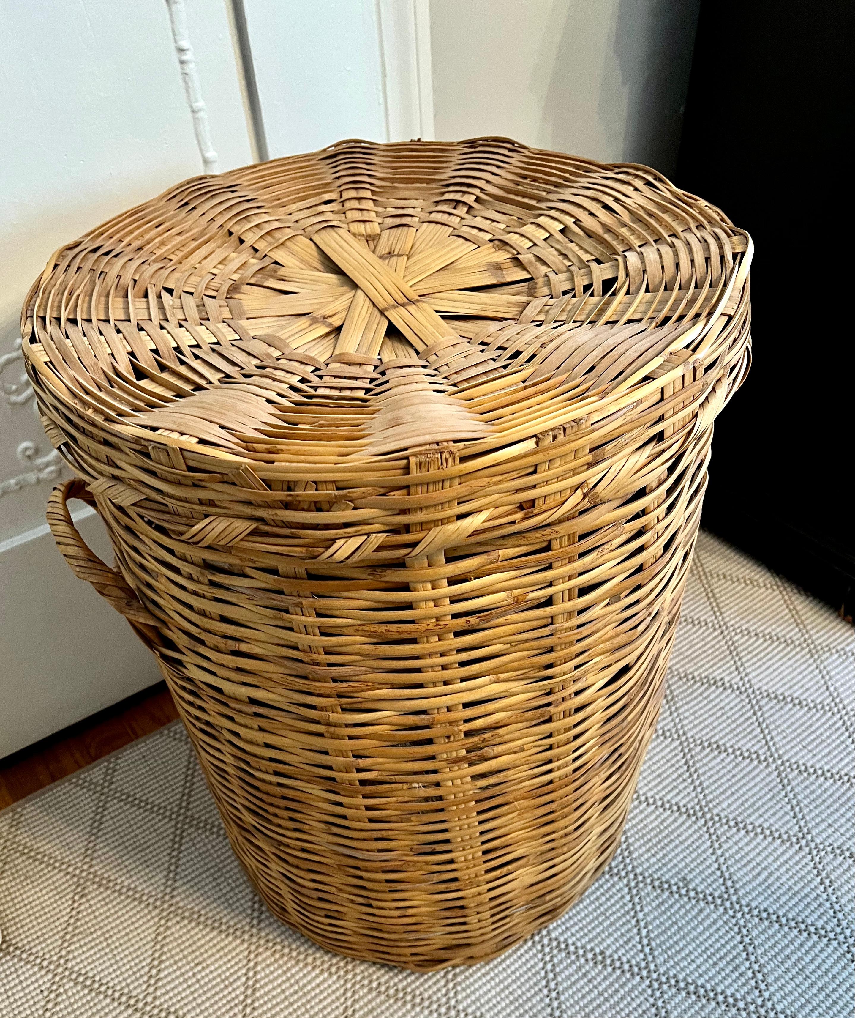 large round woven basket with lid