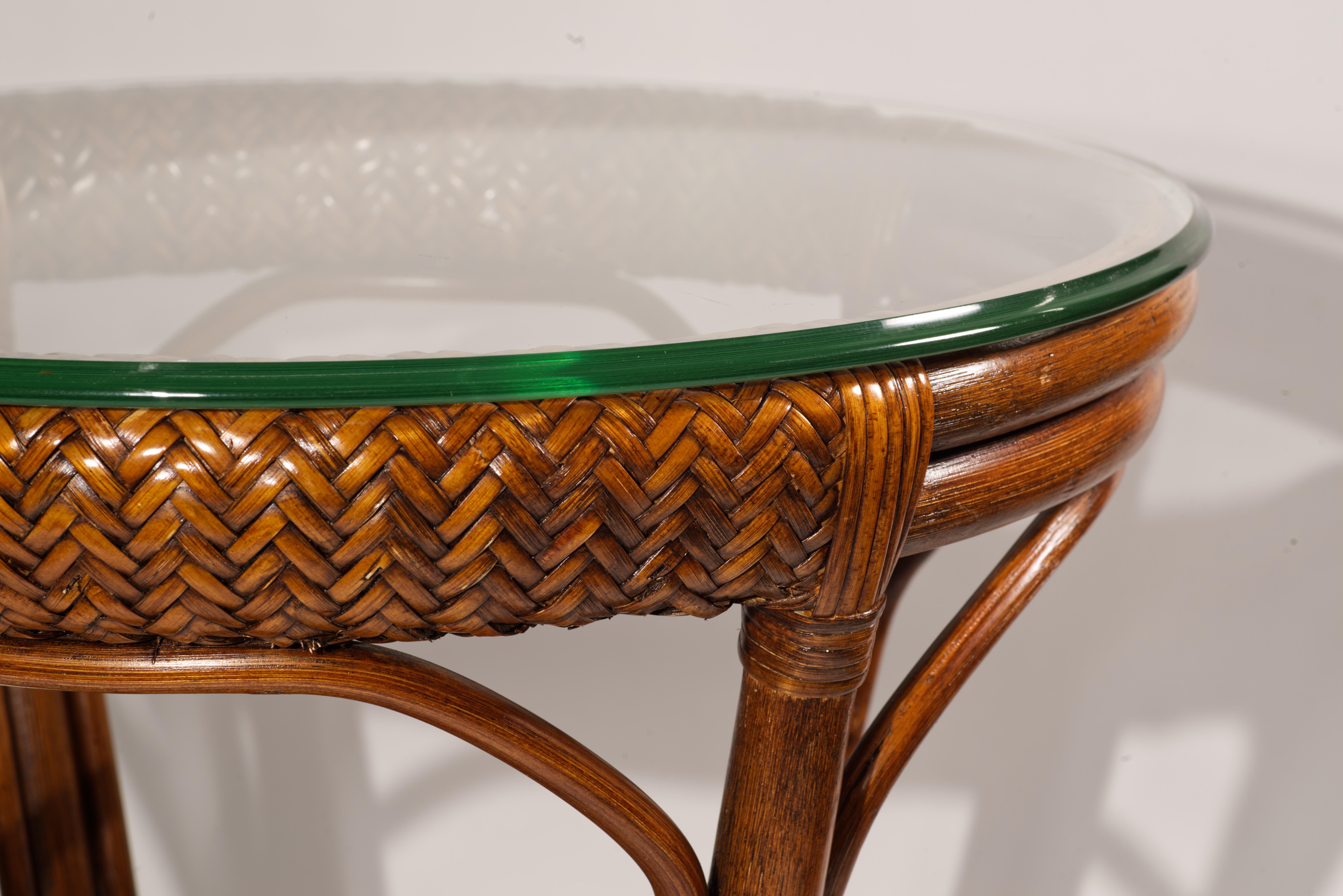 Round Woven Rattan Wicker Side Table with Glass Top For Sale 3