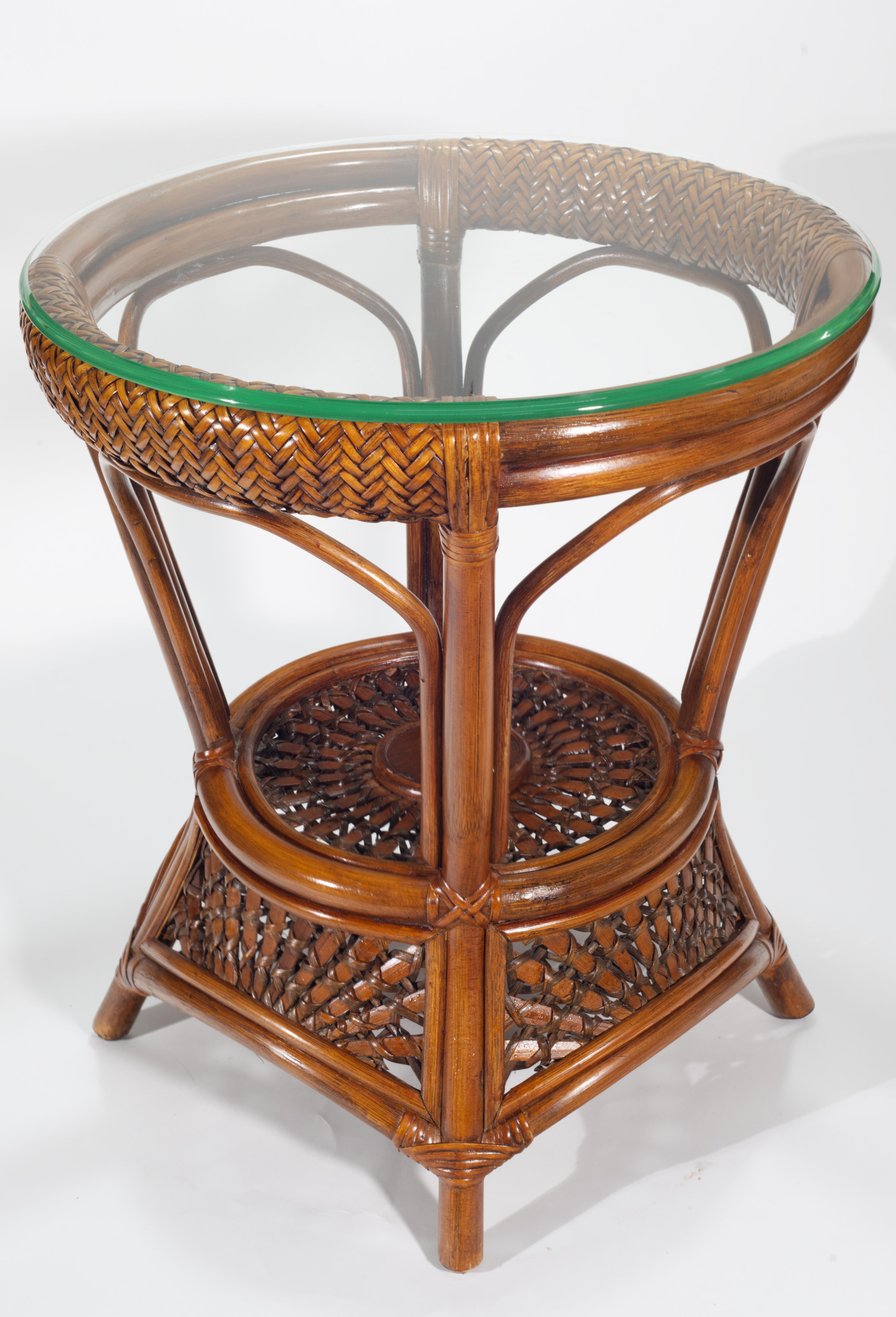 Art Deco Round Woven Rattan Wicker Side Table with Glass Top For Sale