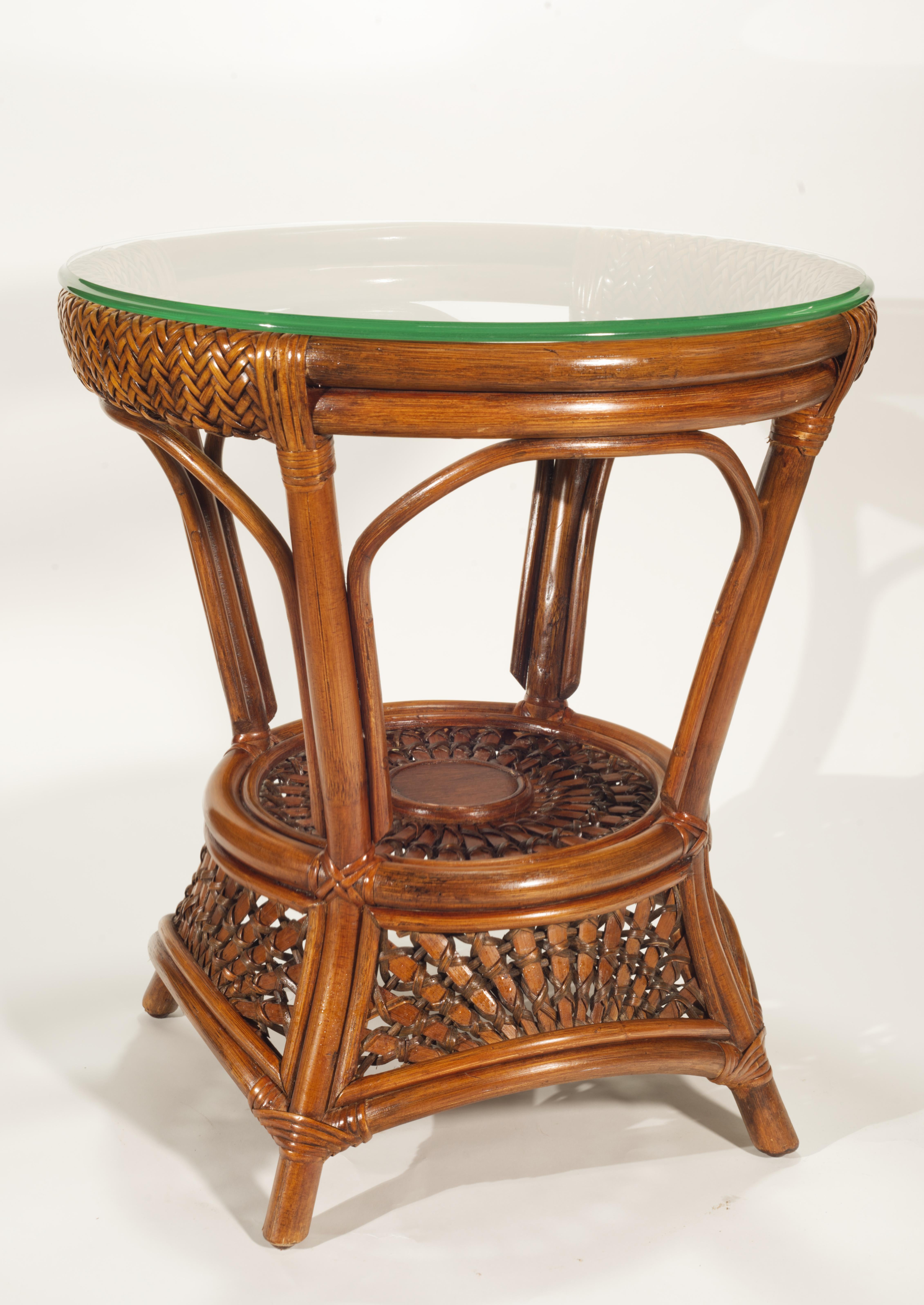 Unknown Round Woven Rattan Wicker Side Table with Glass Top For Sale