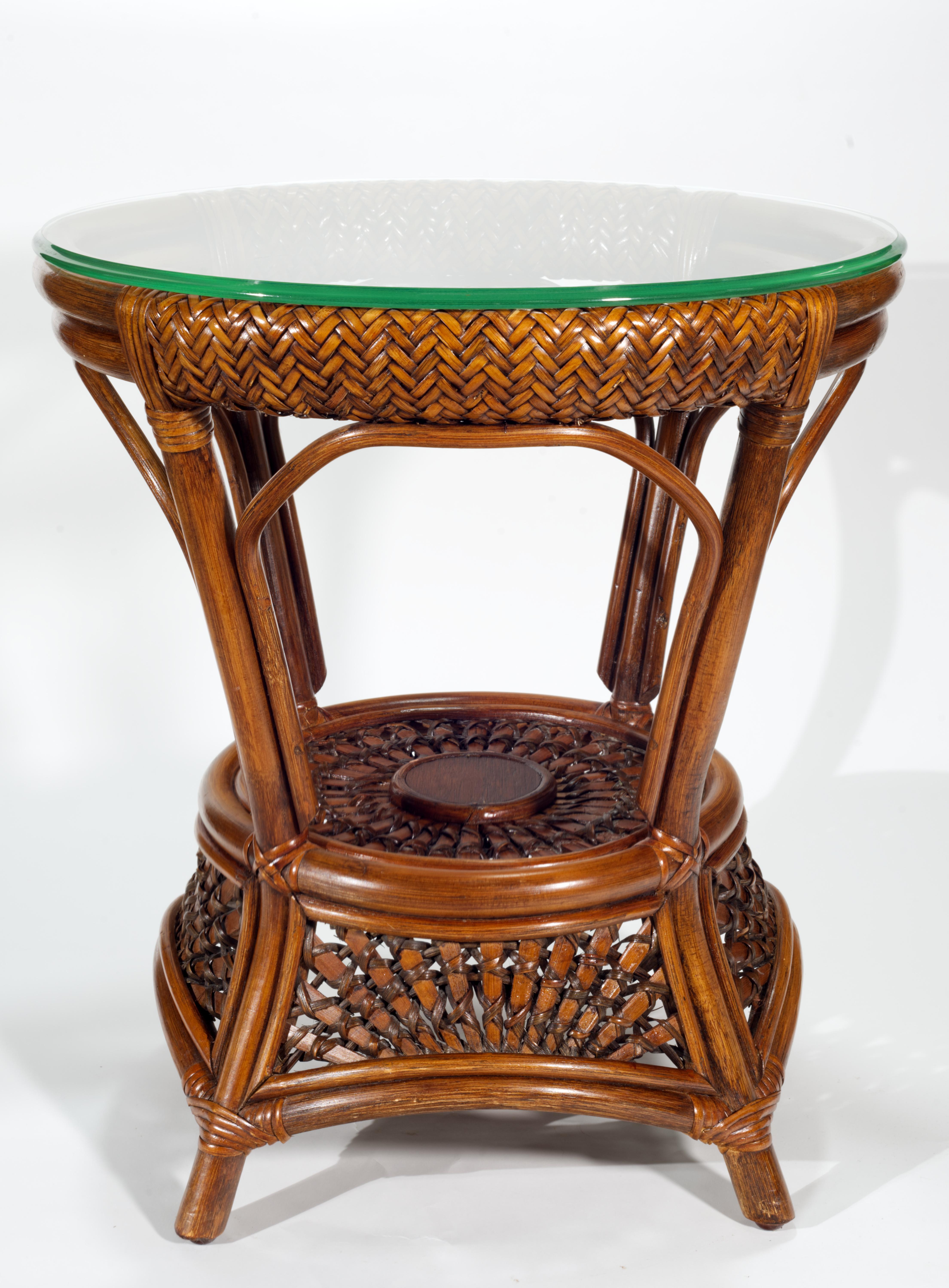 Hand-Crafted Round Woven Rattan Wicker Side Table with Glass Top For Sale
