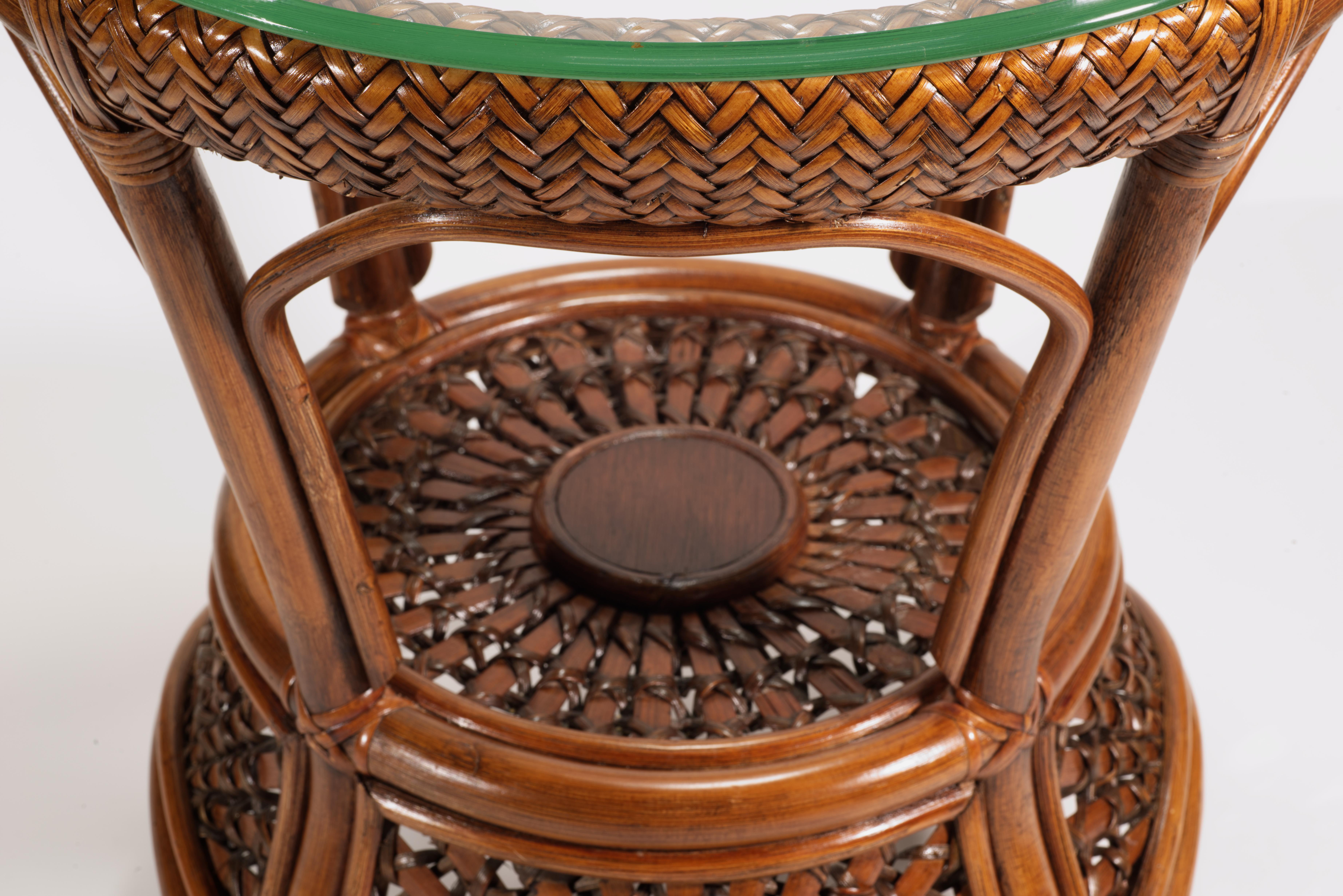 Round Woven Rattan Wicker Side Table with Glass Top For Sale 1