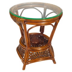 Vintage Round Woven Rattan Wicker Side Table with Glass Top