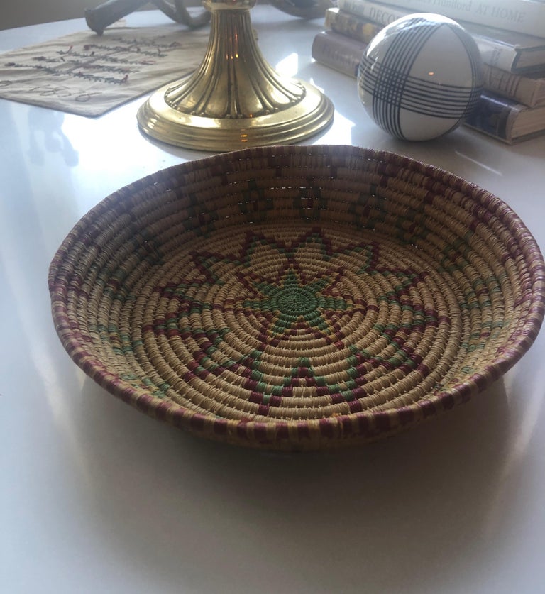 Navajo Round Woven Red and Green Decorative Basket