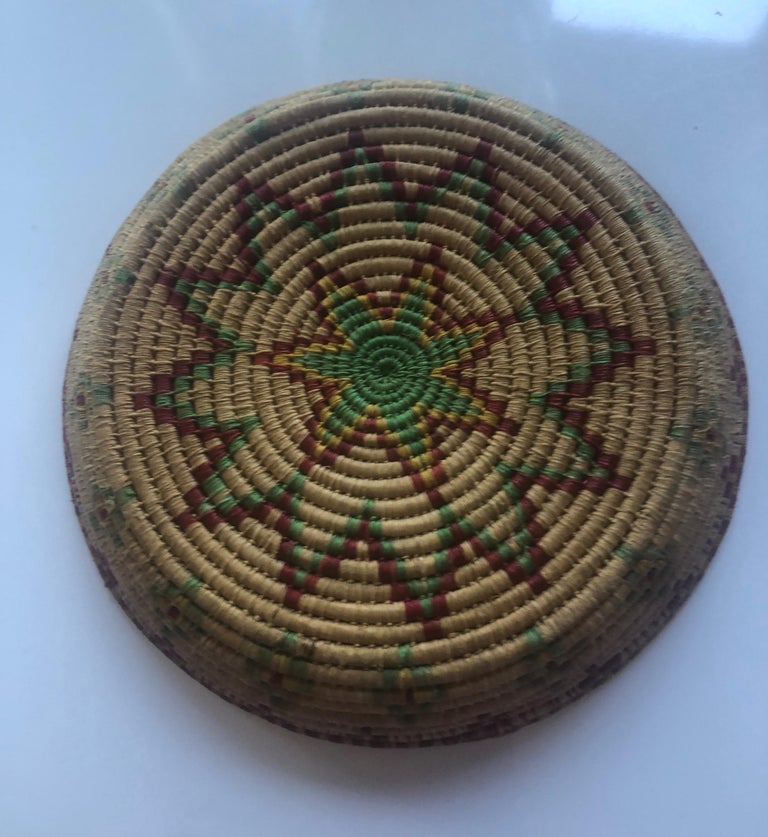 Hand-Crafted Round Woven Red and Green Decorative Basket