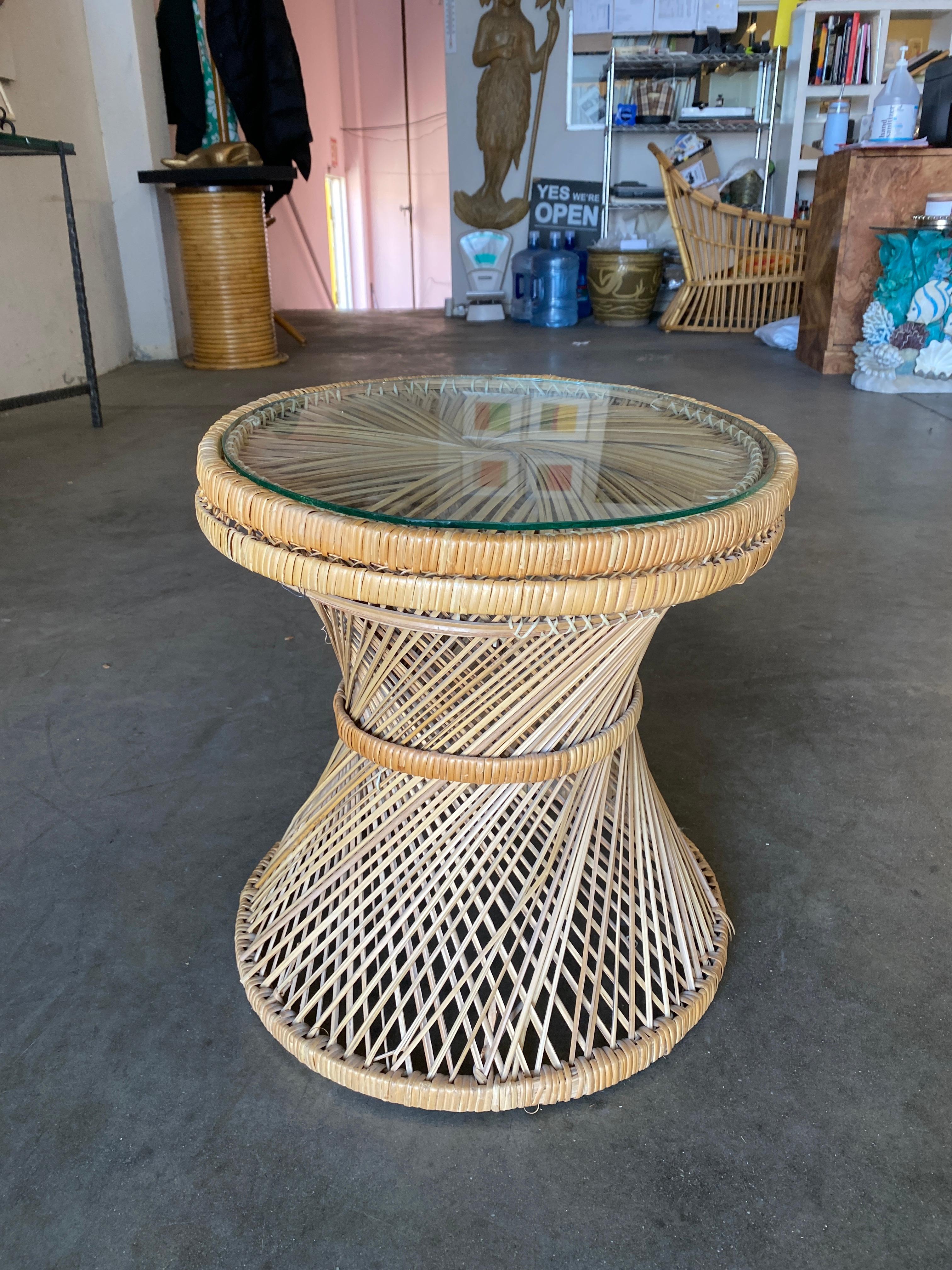round wicker table with glass top