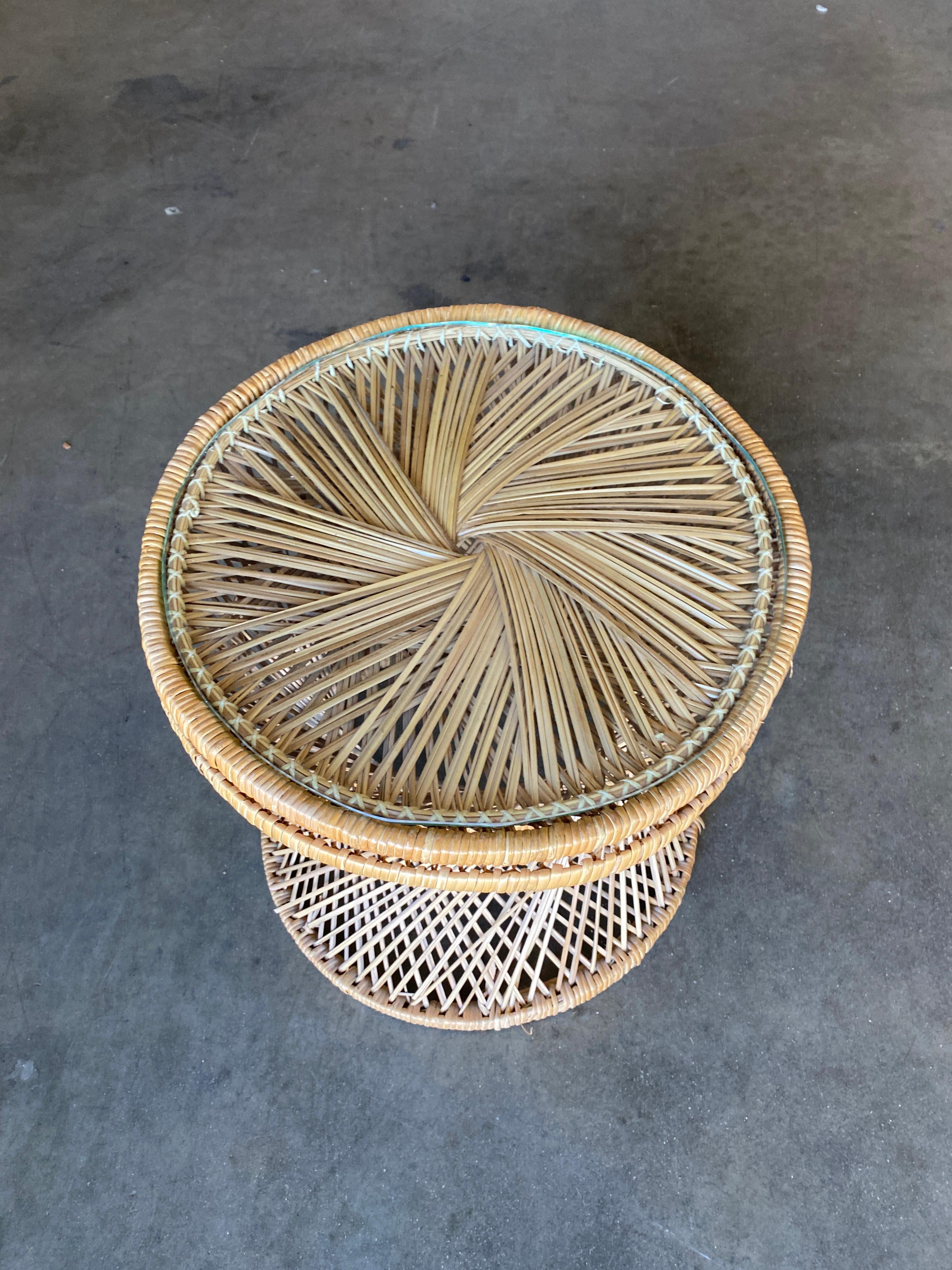 Round Woven Wicker Side Table w/ Glass Top, Circa 1970 In Excellent Condition In Van Nuys, CA
