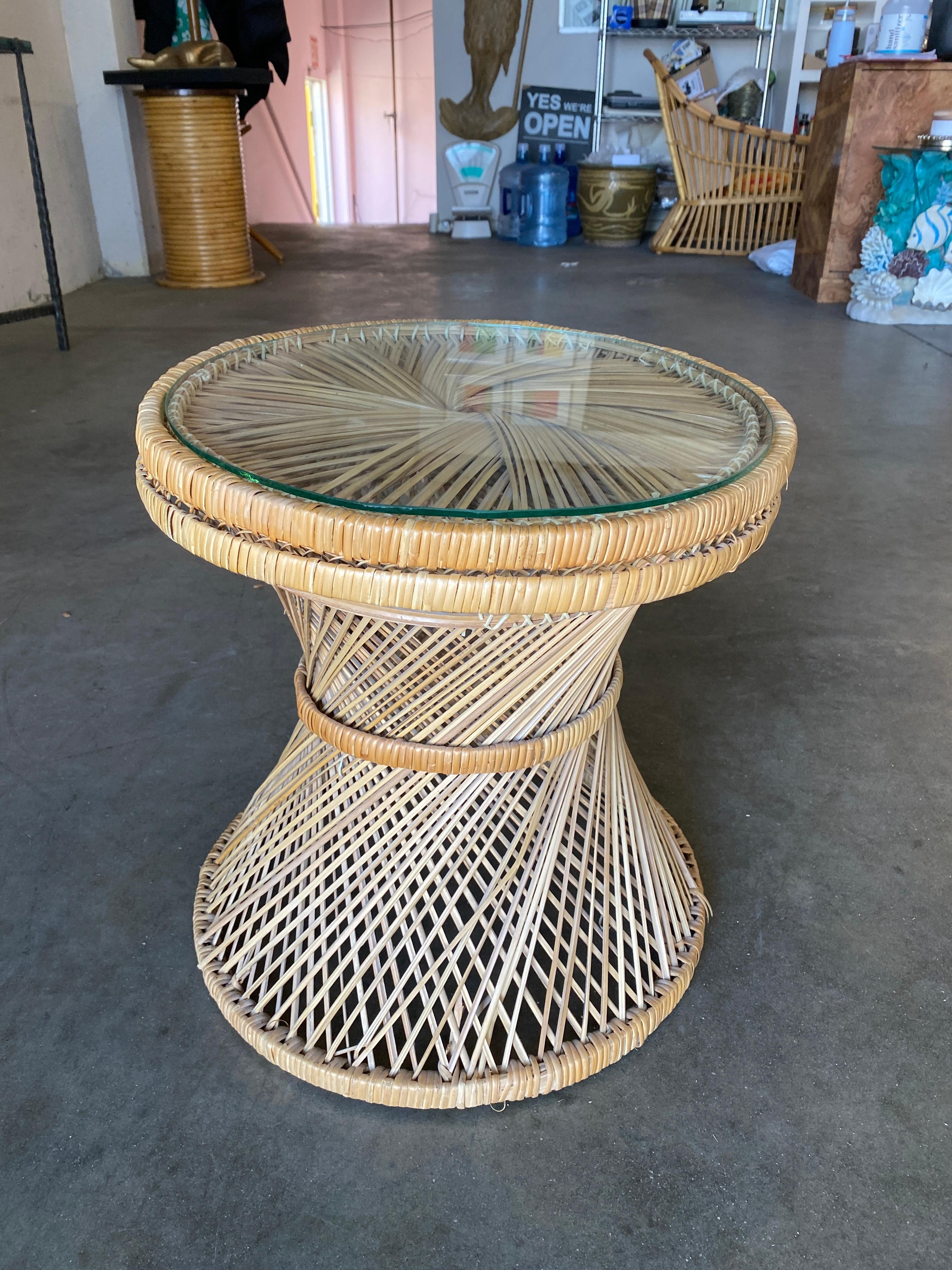 Round Woven Wicker Side Table w/ Glass Top, Circa 1970 1