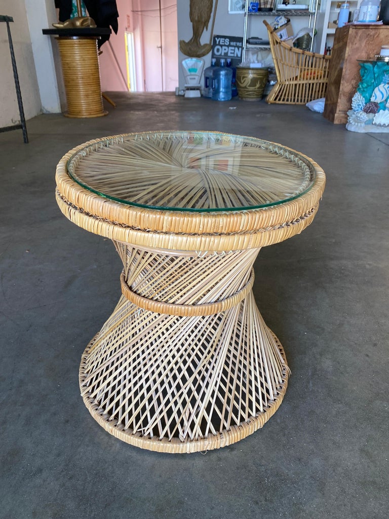 Round Woven Wicker Side Table w/ Glass Top, Circa 1970 For Sale at 1stDibs