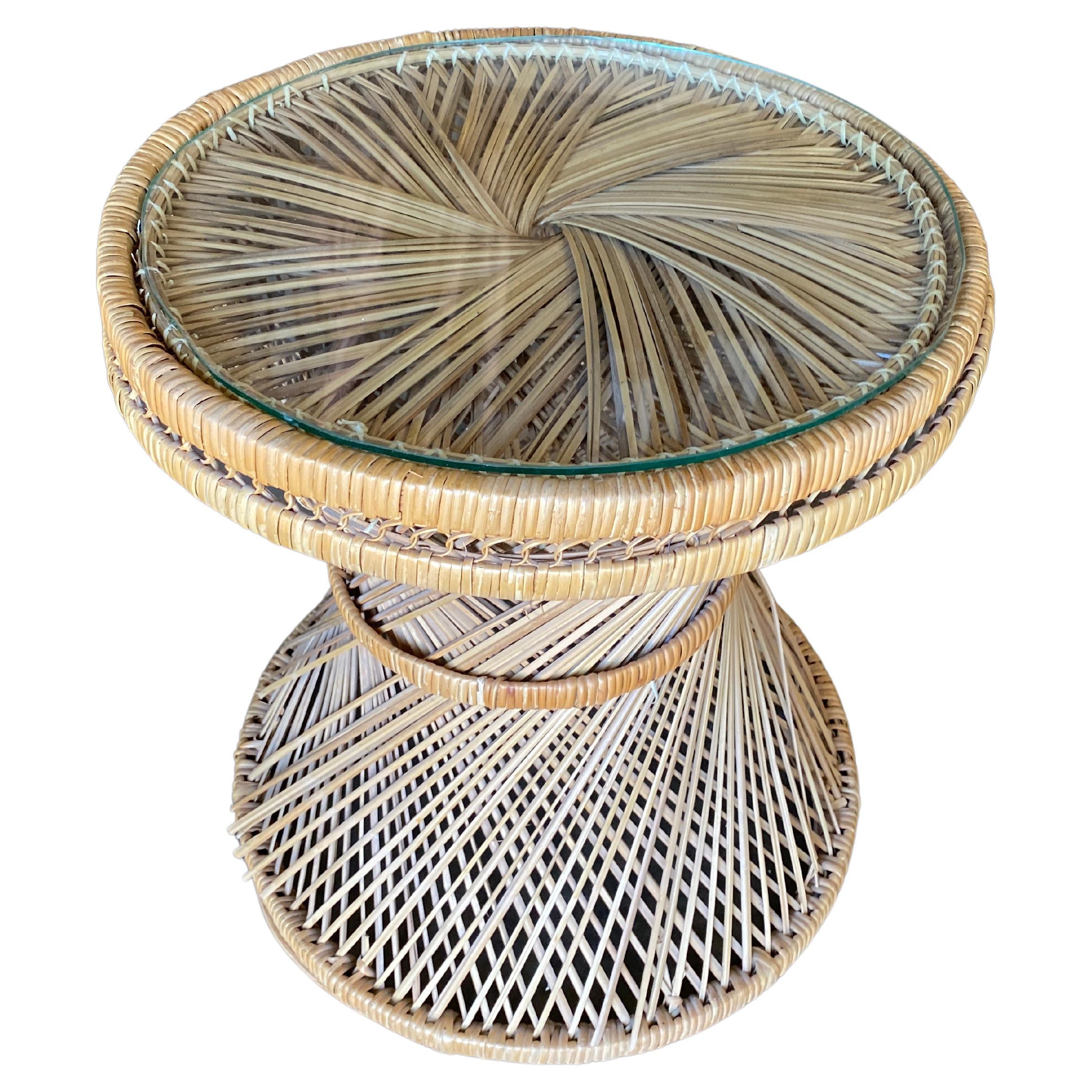 Round Woven Wicker Side Table w/ Glass Top, Circa 1970
