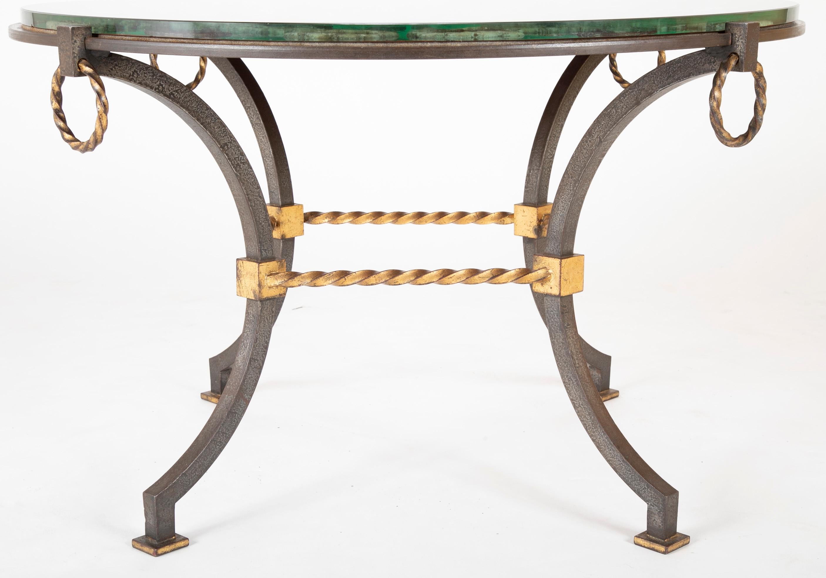 Neoclassical Revival Round Wrought Iron and Églomisé Coffee Table Attributed to Maison Jansen For Sale