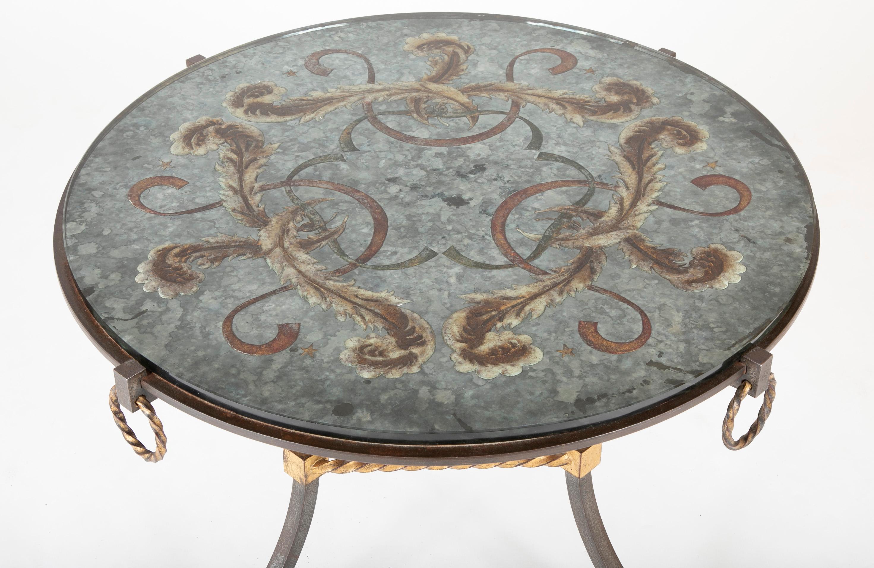 French Round Wrought Iron and Églomisé Coffee Table Attributed to Maison Jansen For Sale