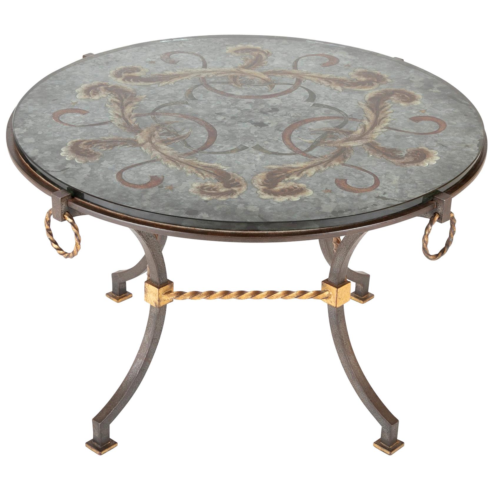 Round Wrought Iron and Églomisé Coffee Table Attributed to Maison Jansen For Sale