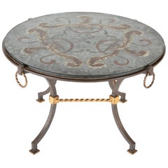 Vintage Round Wrought Iron and Églomisé Coffee Table Attributed to Maison Jansen