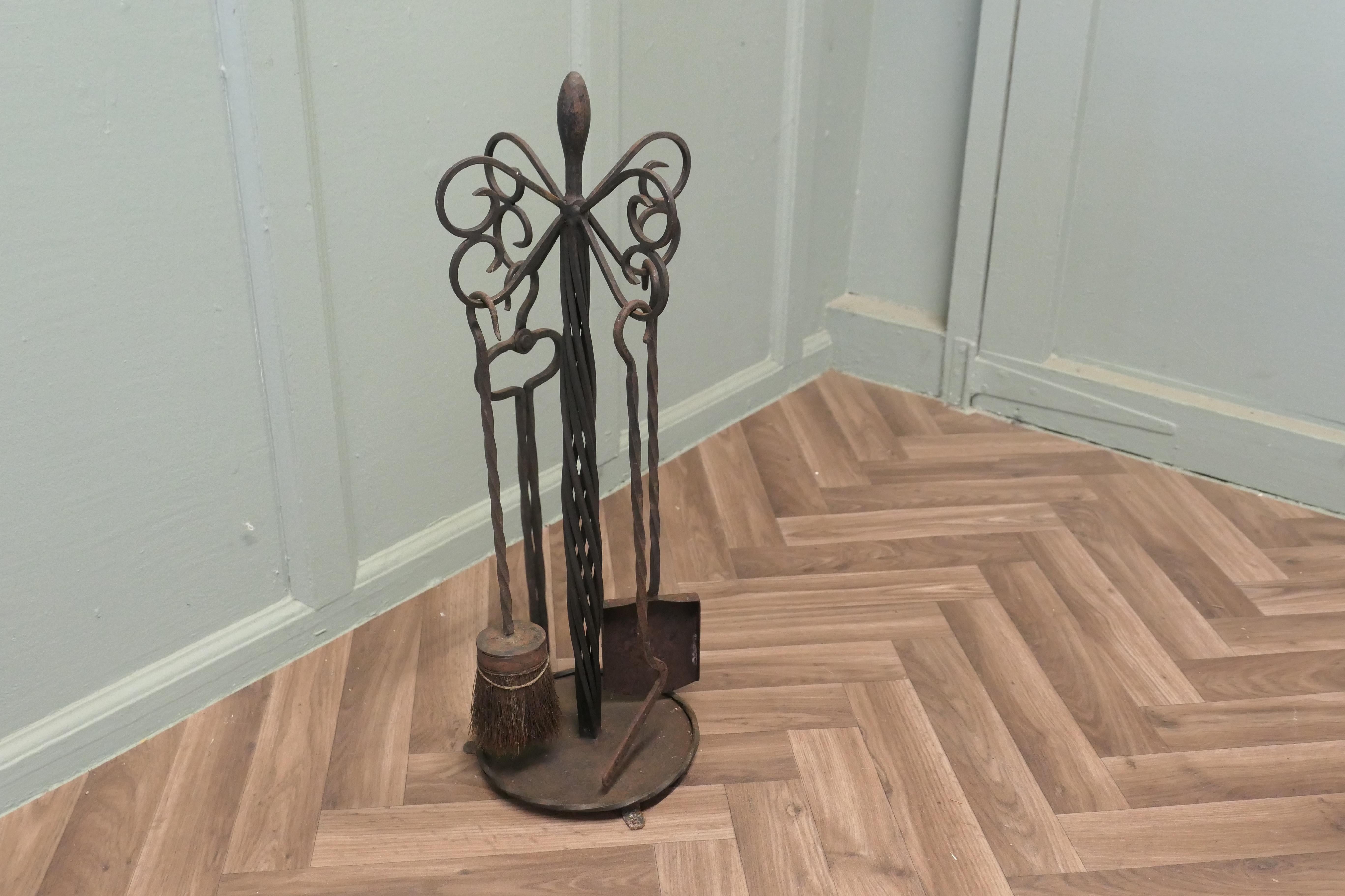 Art Deco Round Wrought Iron Fireside Companion Tool Set For Sale