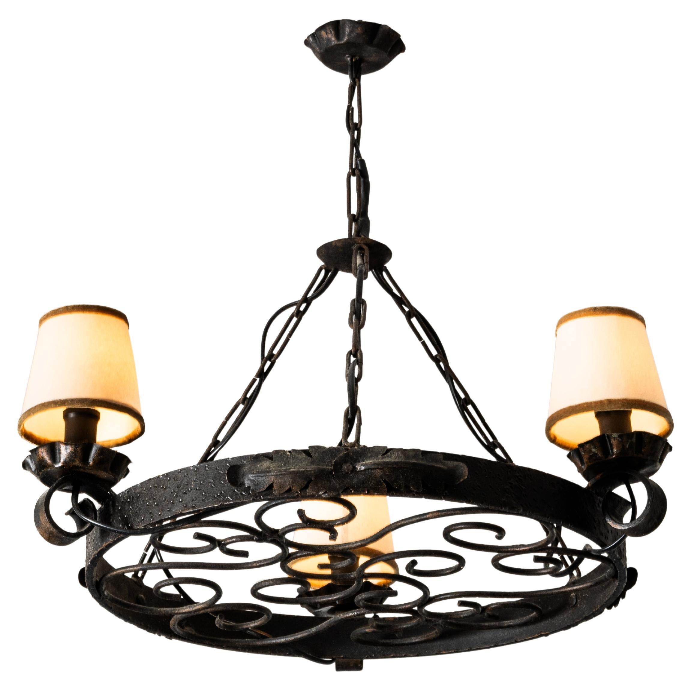 Round Wrought Iron Gothic Style Chandelier with Three Lights, Sweden, 1930s