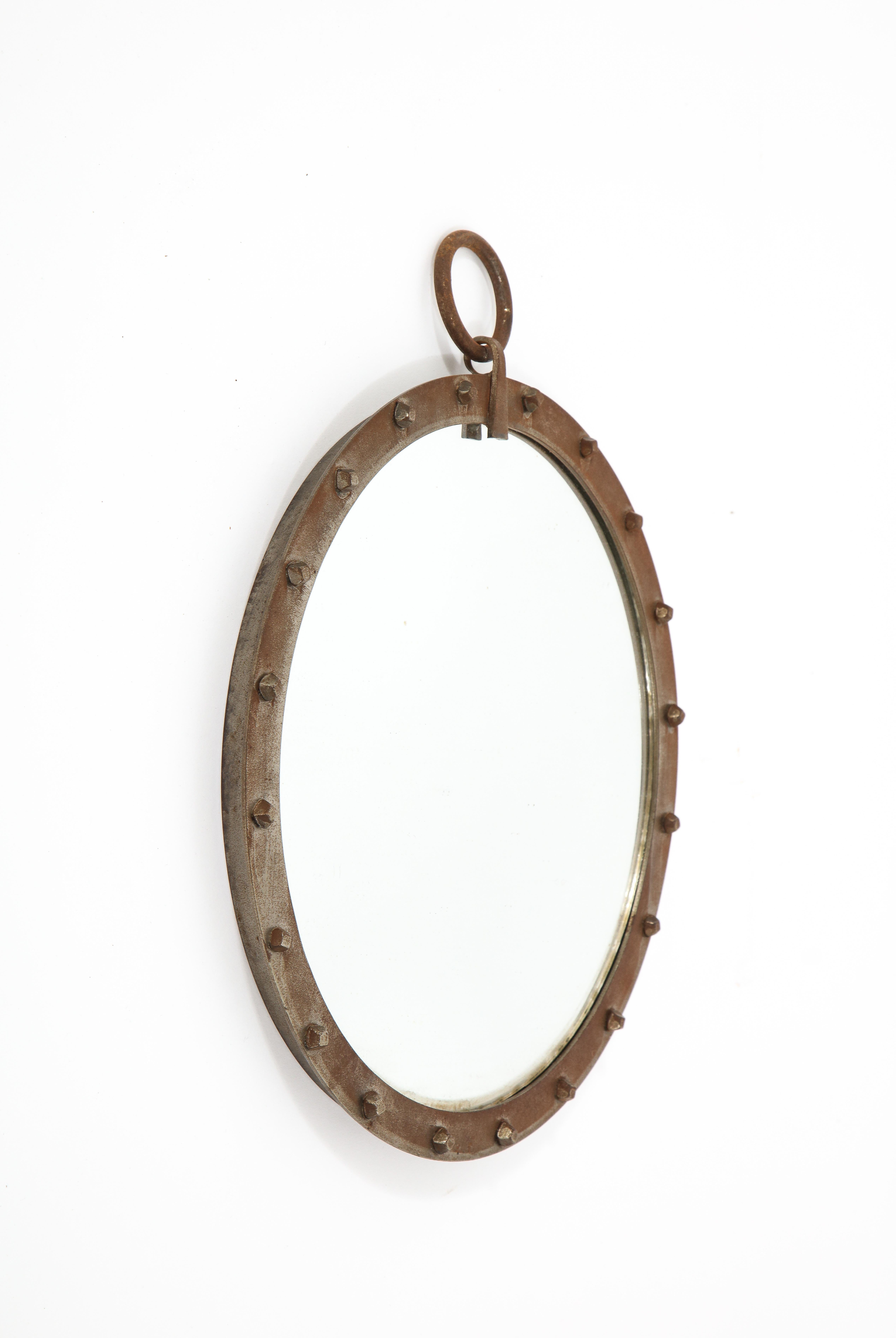 Mid-Century Modern Small Round Porthole Style Hand Worked Steel Mirror, France 1960's For Sale