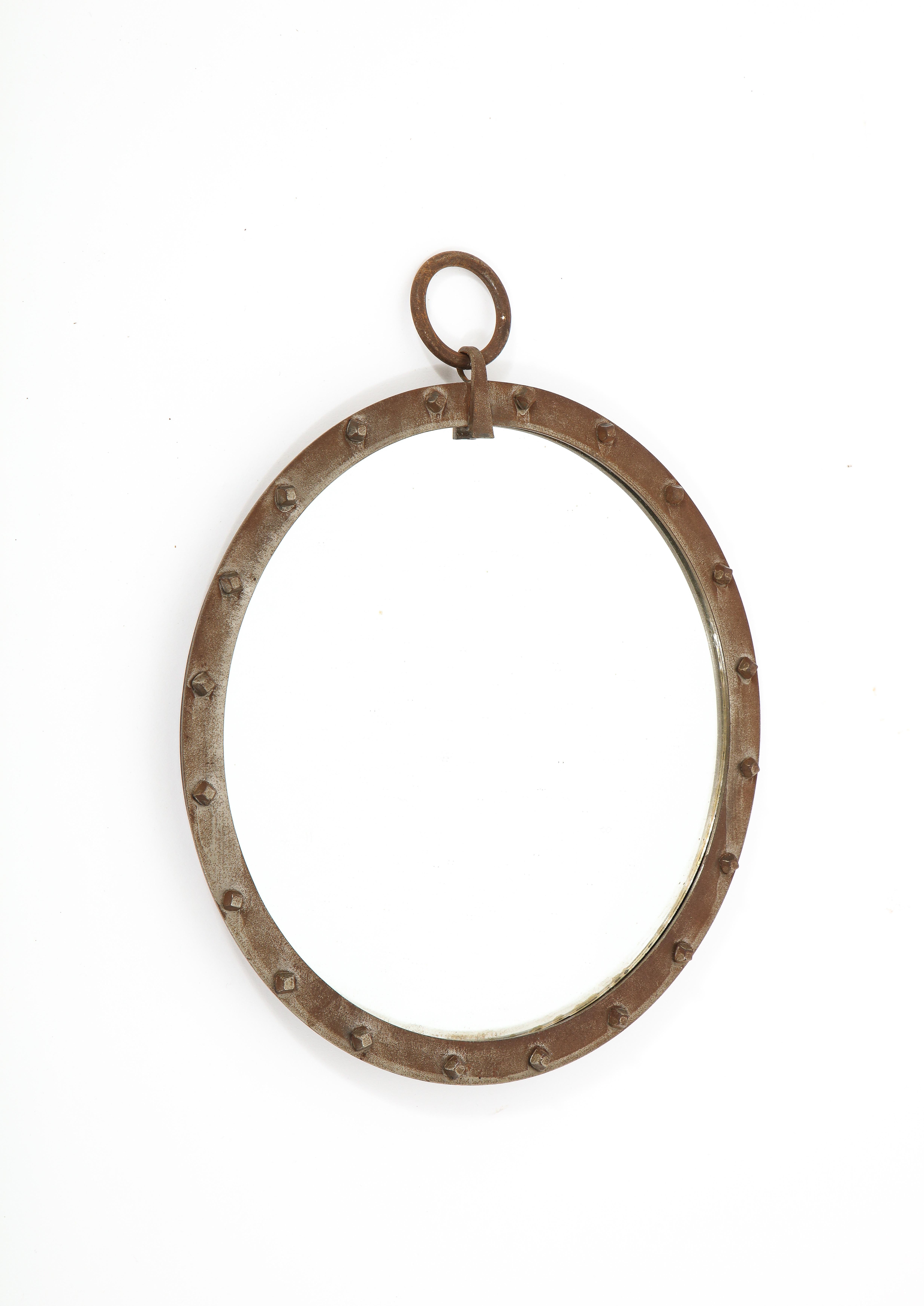 20th Century Small Round Porthole Style Hand Worked Steel Mirror, France 1960's For Sale