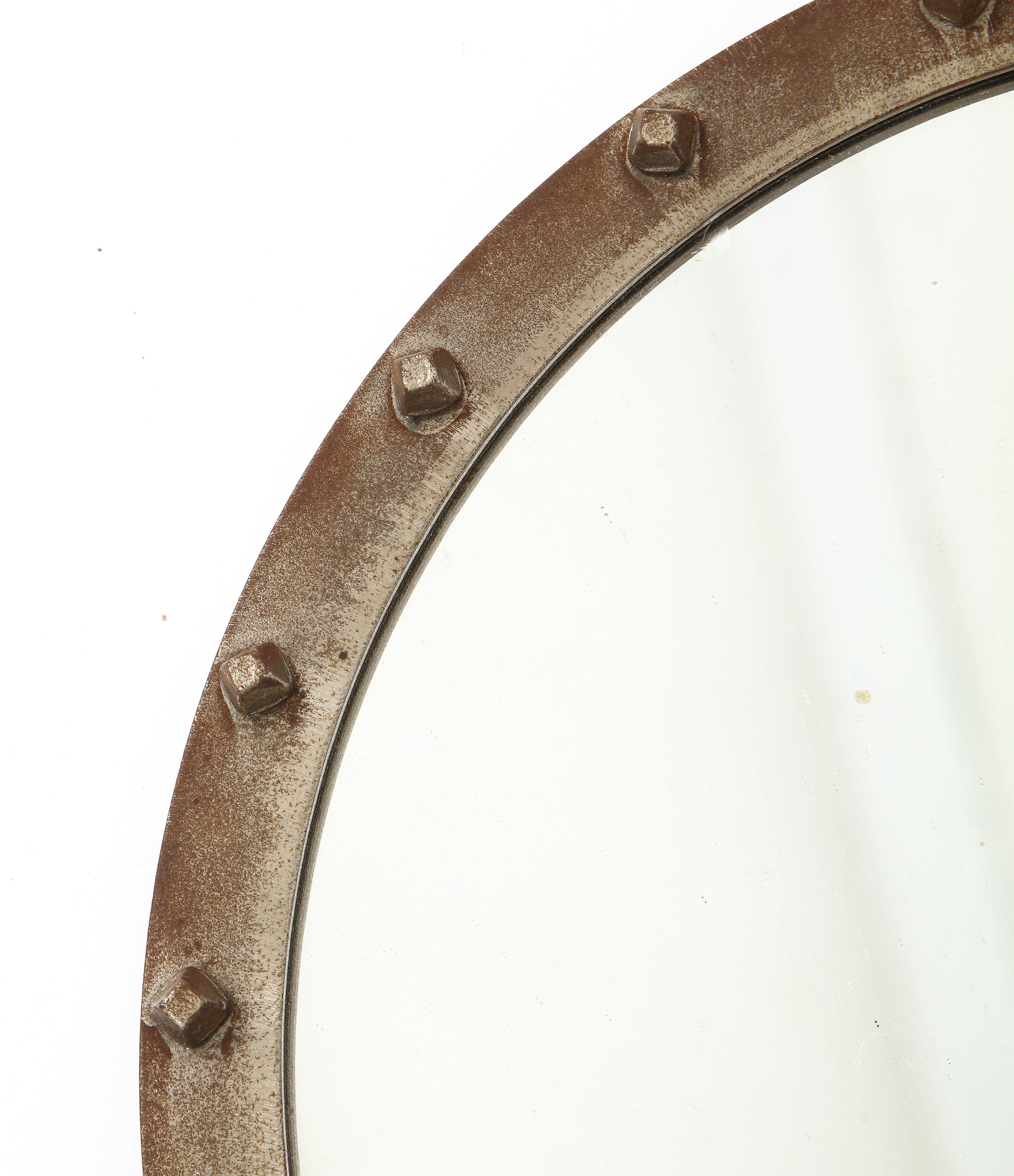Small Round Porthole Style Hand Worked Steel Mirror, France 1960's For Sale 1