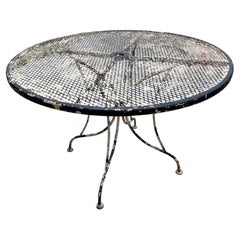 Round Wrought Iron Table w/Umbrella Hole Mesh Top Salterini Woodard Type Outdoor