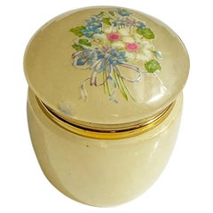 Vintage Round Yellow Alabaster Stone Trinket Box with Floral Motif, Italy