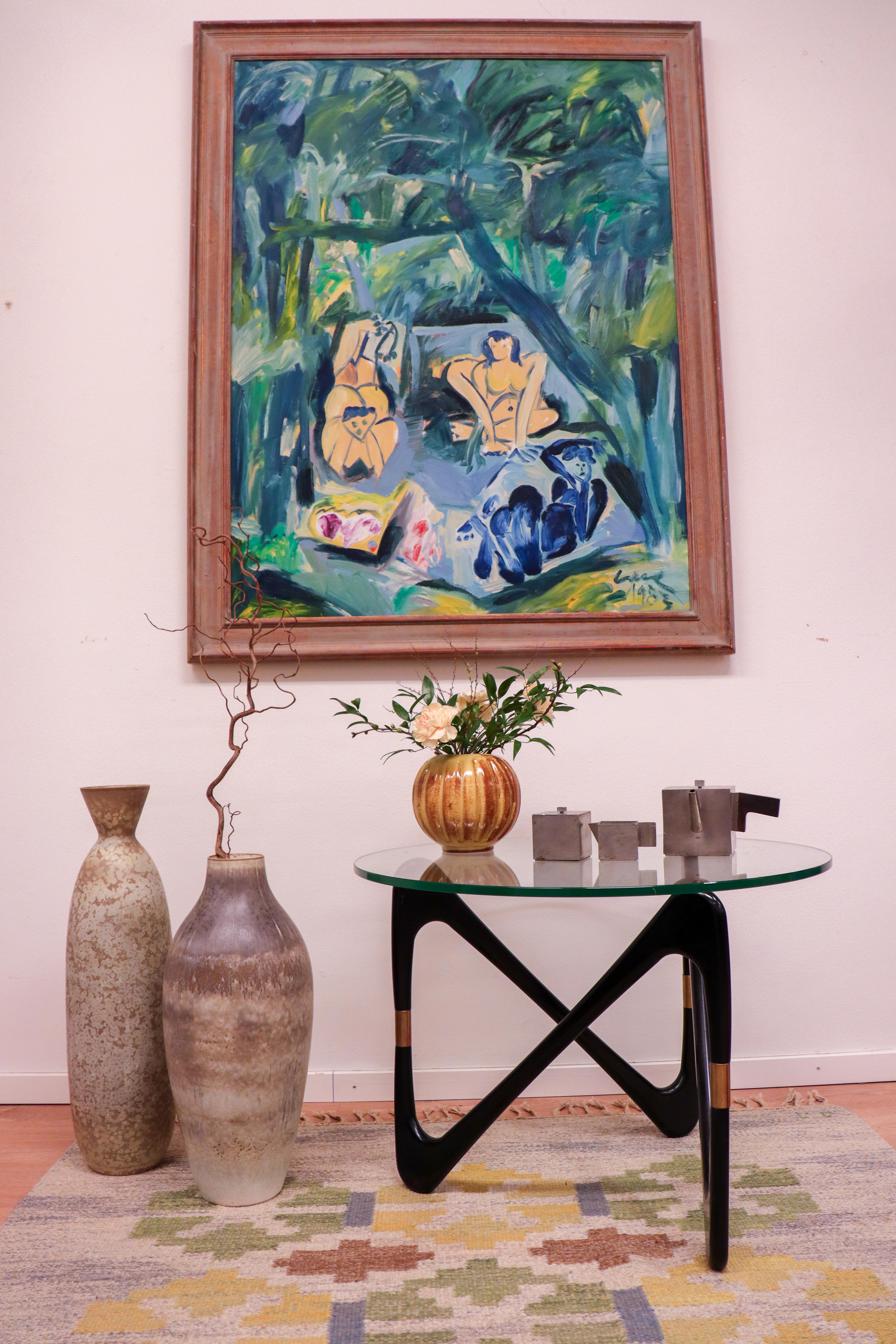 Scandinave moderne Vase rond en céramique jaune et marron, Upsala Ekeby Futurum 1934-42 en vente