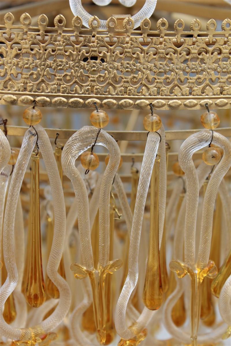 Mid-Century Modern Round Yellow Chandelier Archimede Seguso 1950s Murano Glass Midcentury Brass