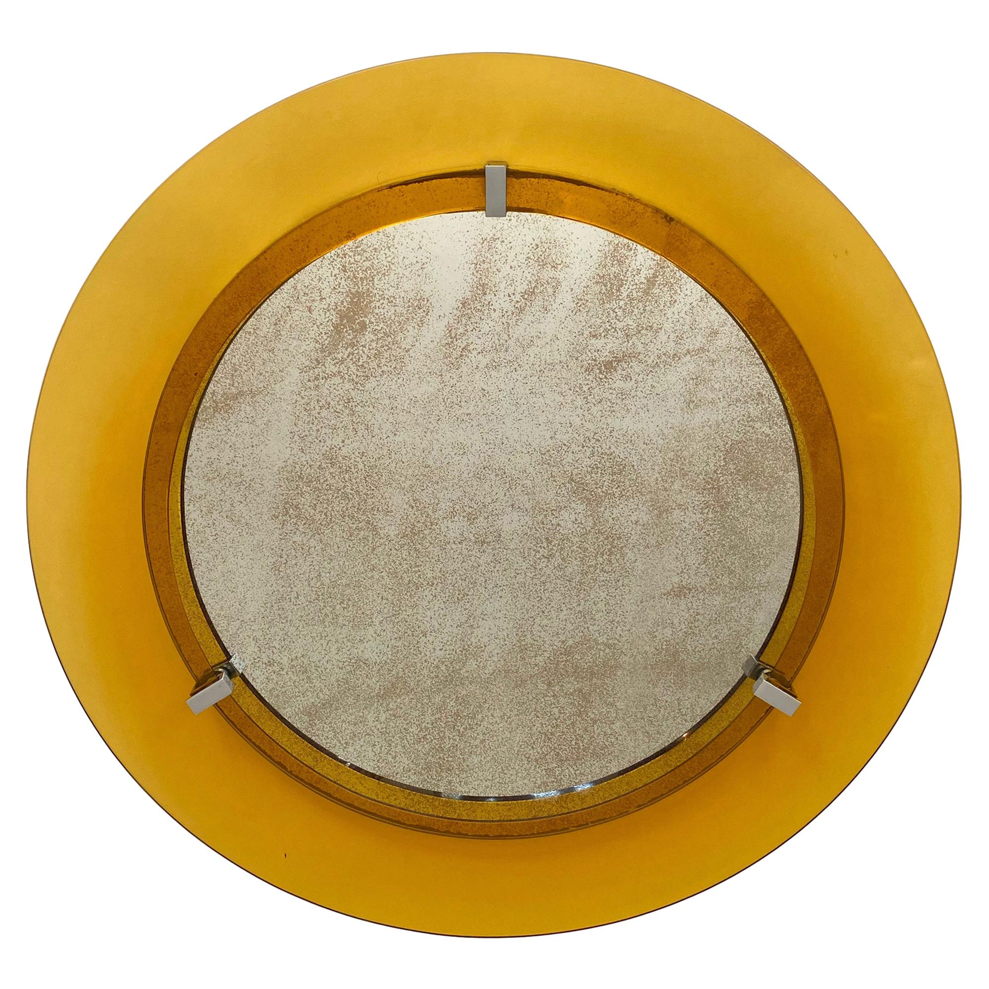 Round Yellow Convex Glass and Chrome Wall Mirror by Veca, Italy, 1960s