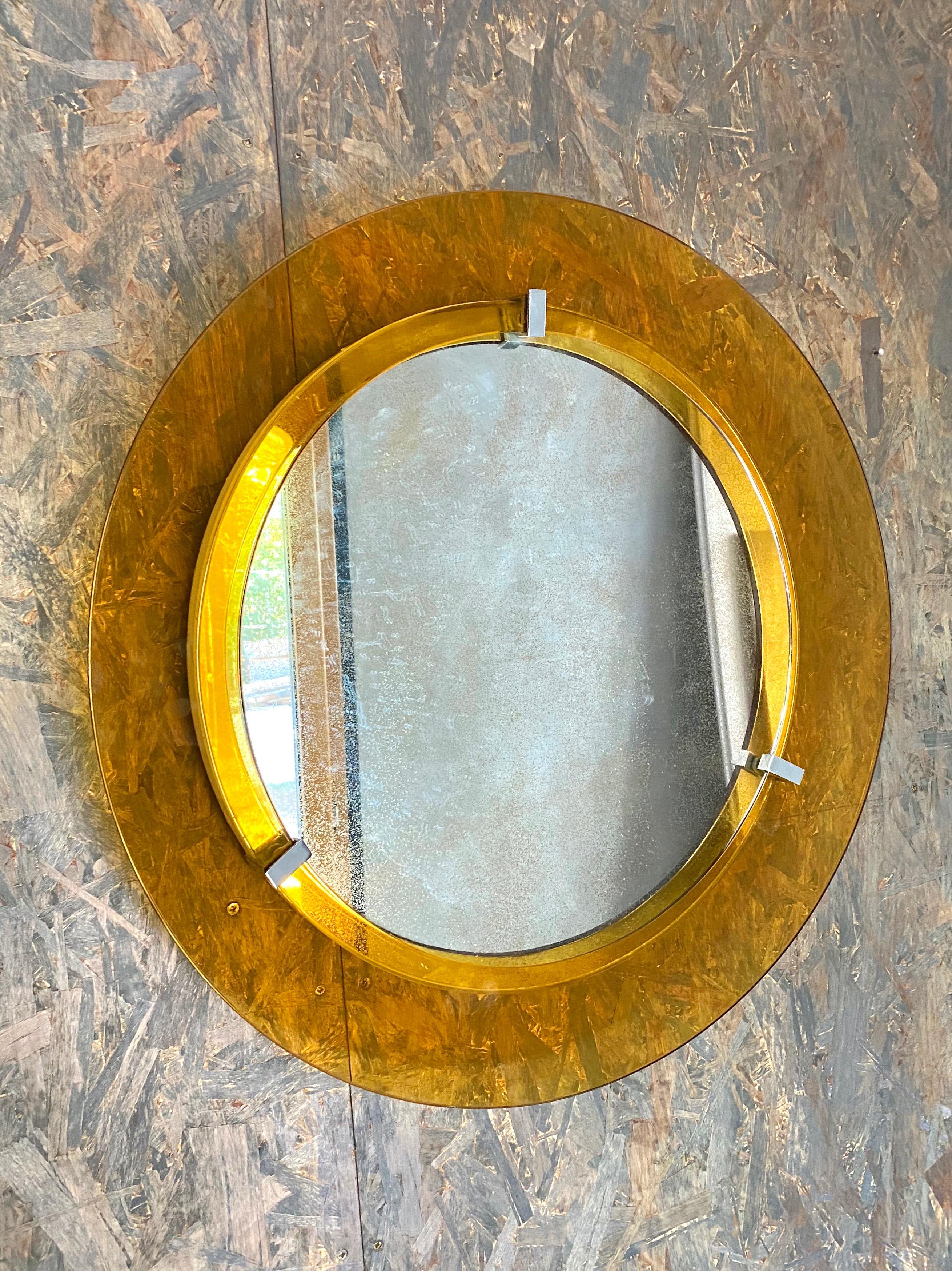 Italian Round Yellow Convex Glass and Chrome Wall Mirror by Veca, Italy, 1960s For Sale