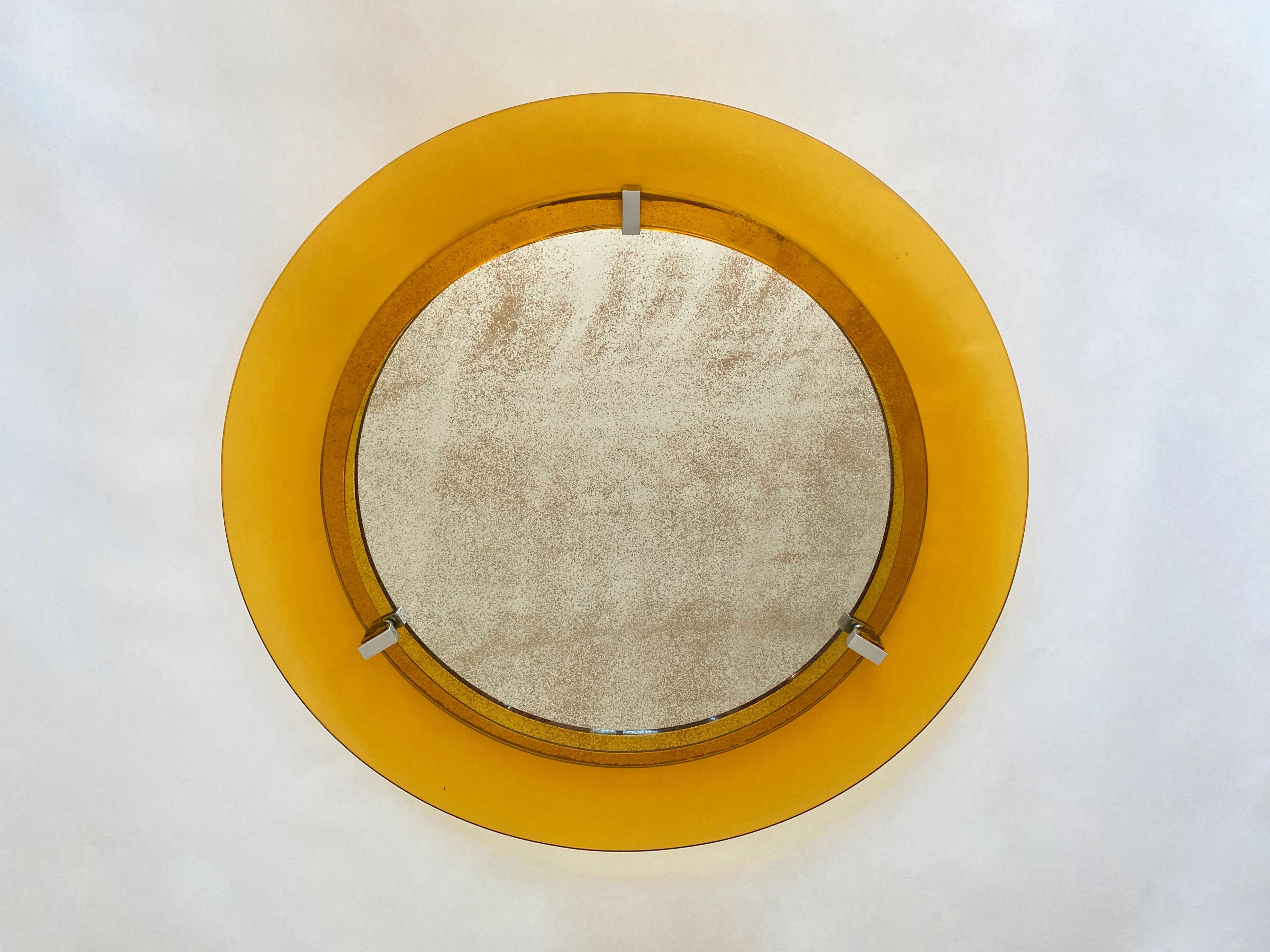 Round Yellow Convex Glass and Chrome Wall Mirror by Veca, Italy, 1960s In Good Condition For Sale In Rome, IT