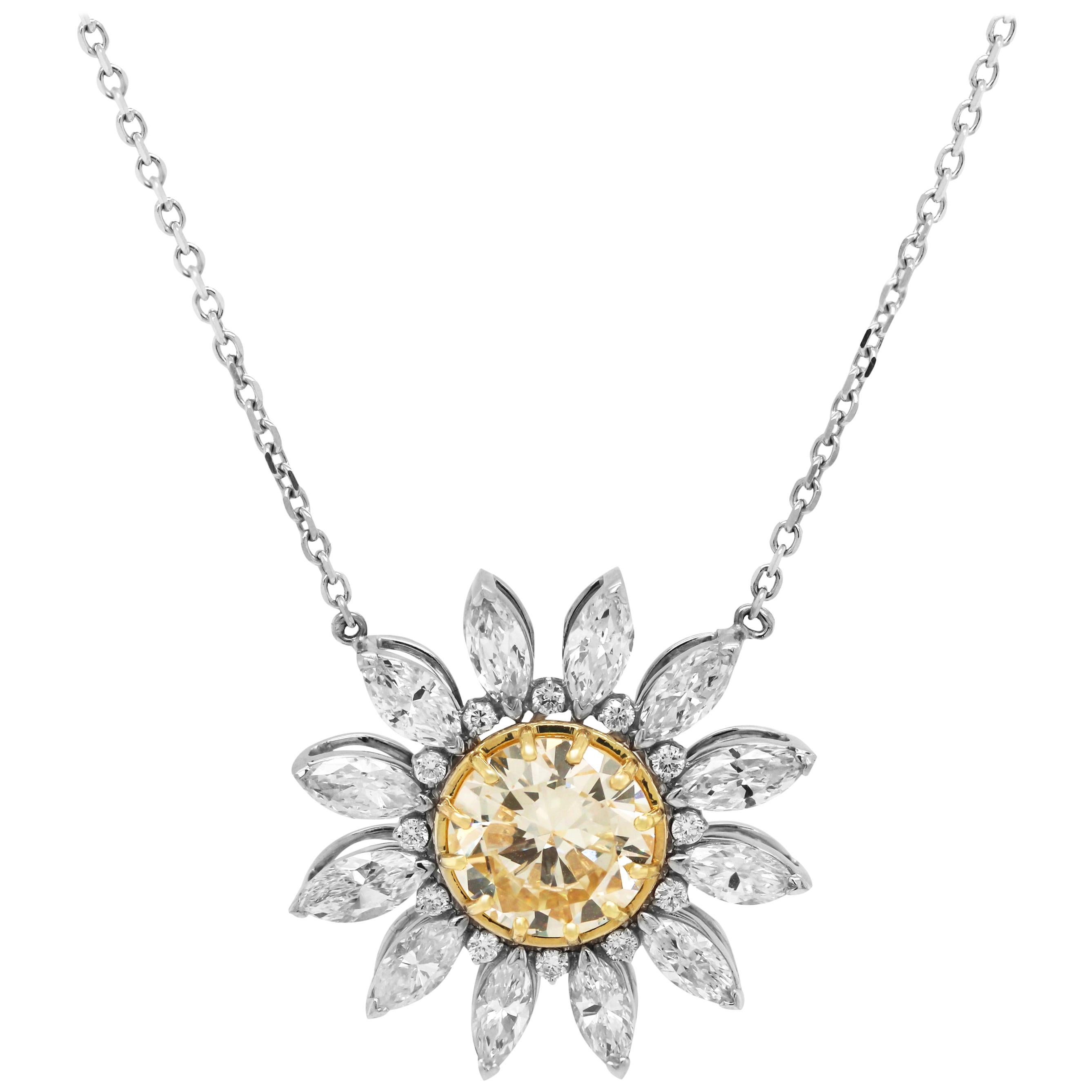 Round Yellow Diamond and Marquise White Diamond Starburst Pendant Necklace For Sale