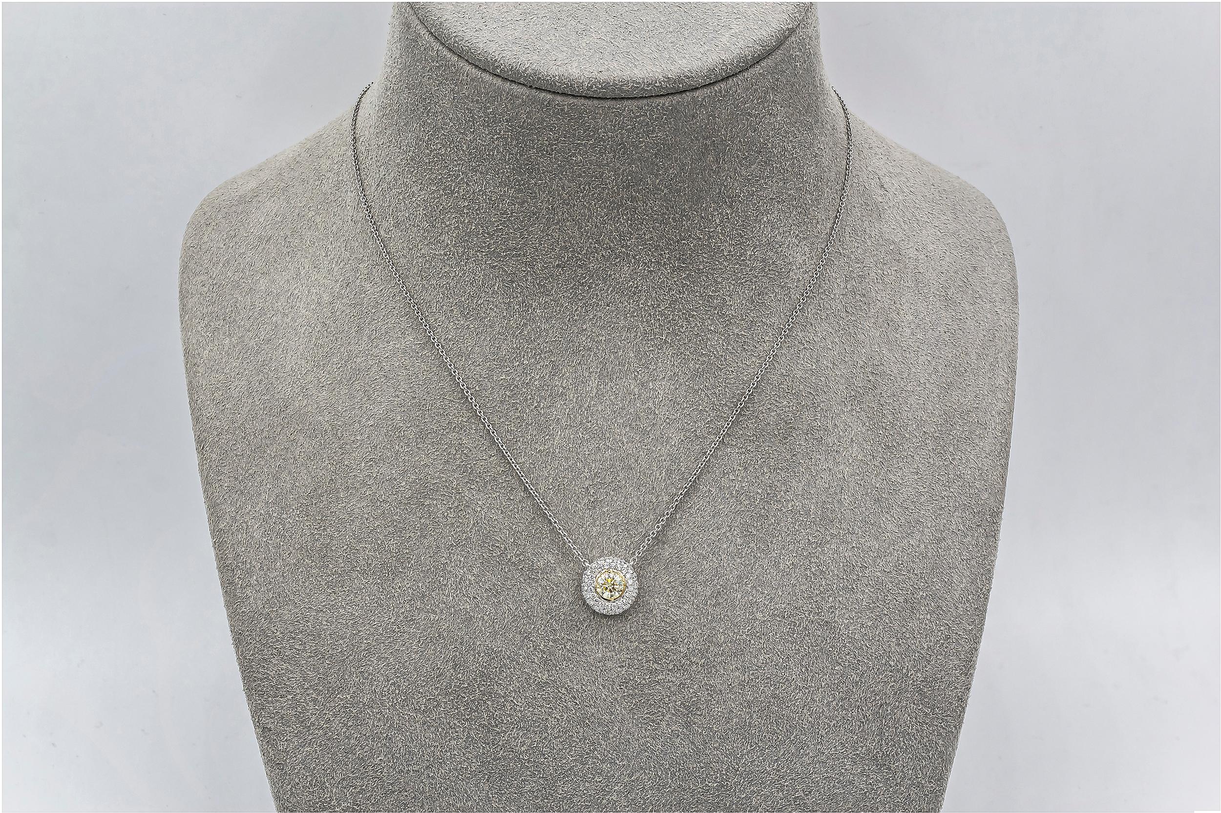 Roman Malakov 0.42 Carats Round Fancy Yellow Diamond Halo Pendant Necklace For Sale 1
