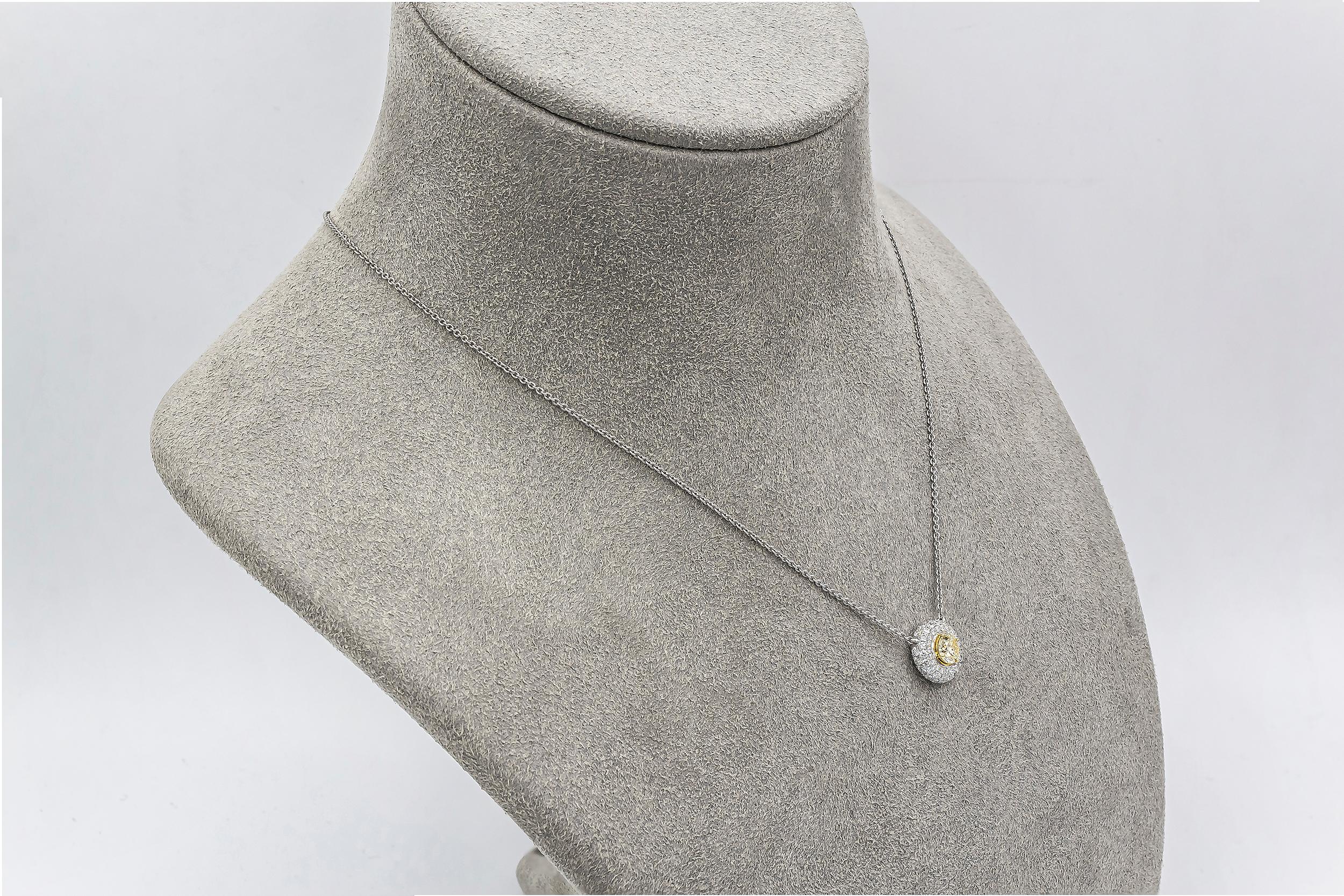 Roman Malakov 0.42 Carats Round Fancy Yellow Diamond Halo Pendant Necklace For Sale 2