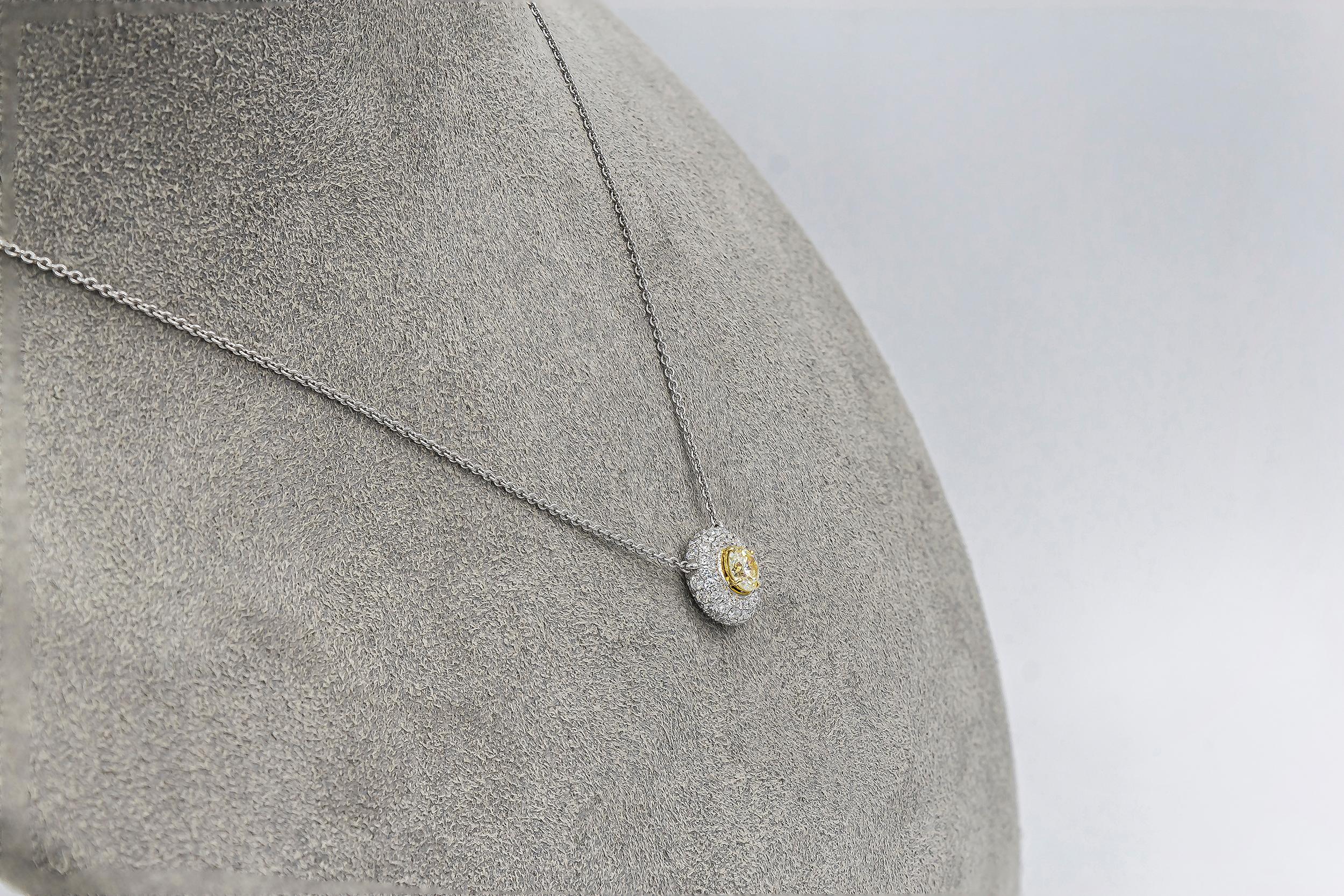Roman Malakov 0.42 Carats Round Fancy Yellow Diamond Halo Pendant Necklace For Sale 3