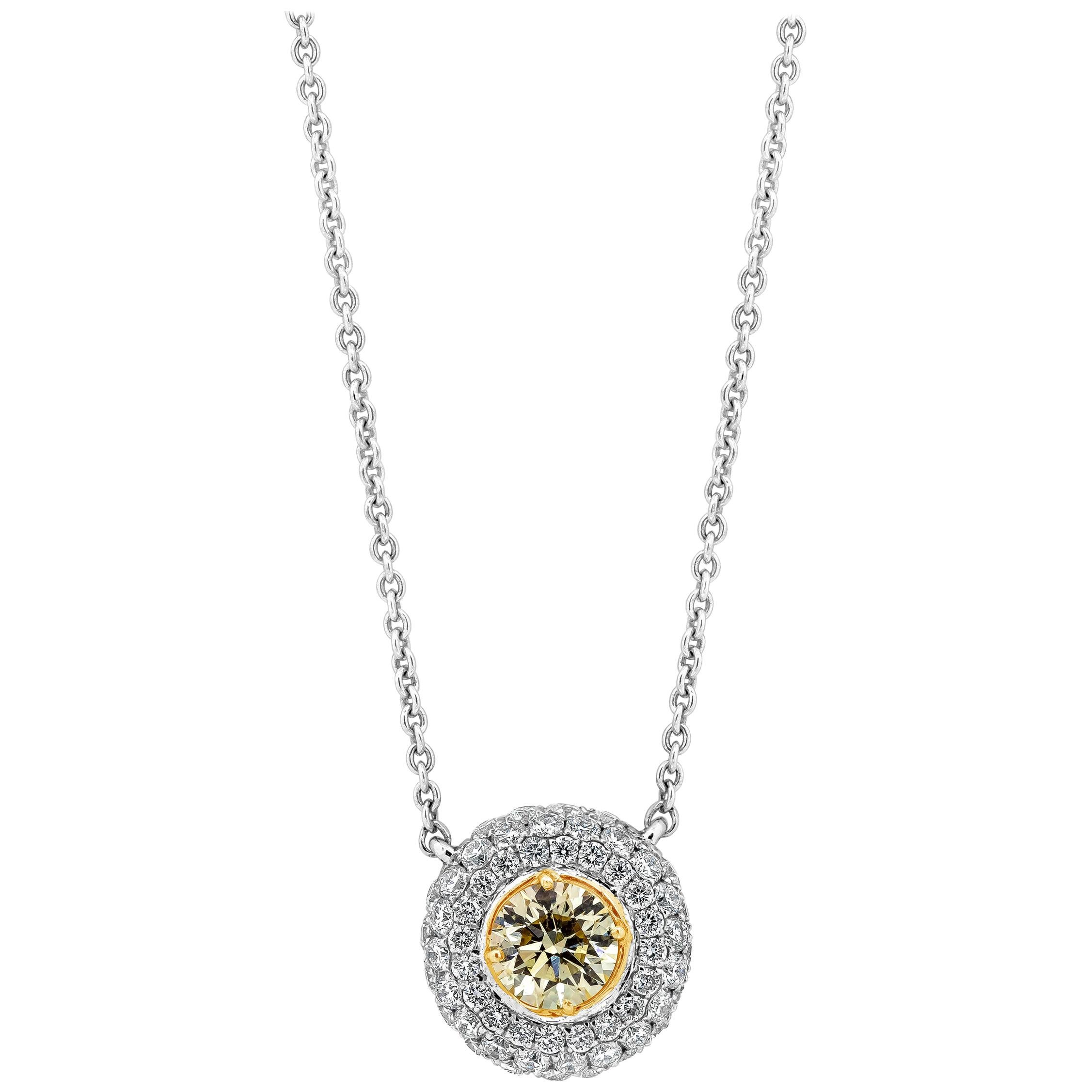 Roman Malakov 0.42 Carats Round Fancy Yellow Diamond Halo Pendant Necklace