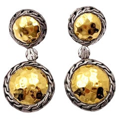 Round Yellow Gold 22k Silver 925 Hammered Dangle Piercing Earrings
