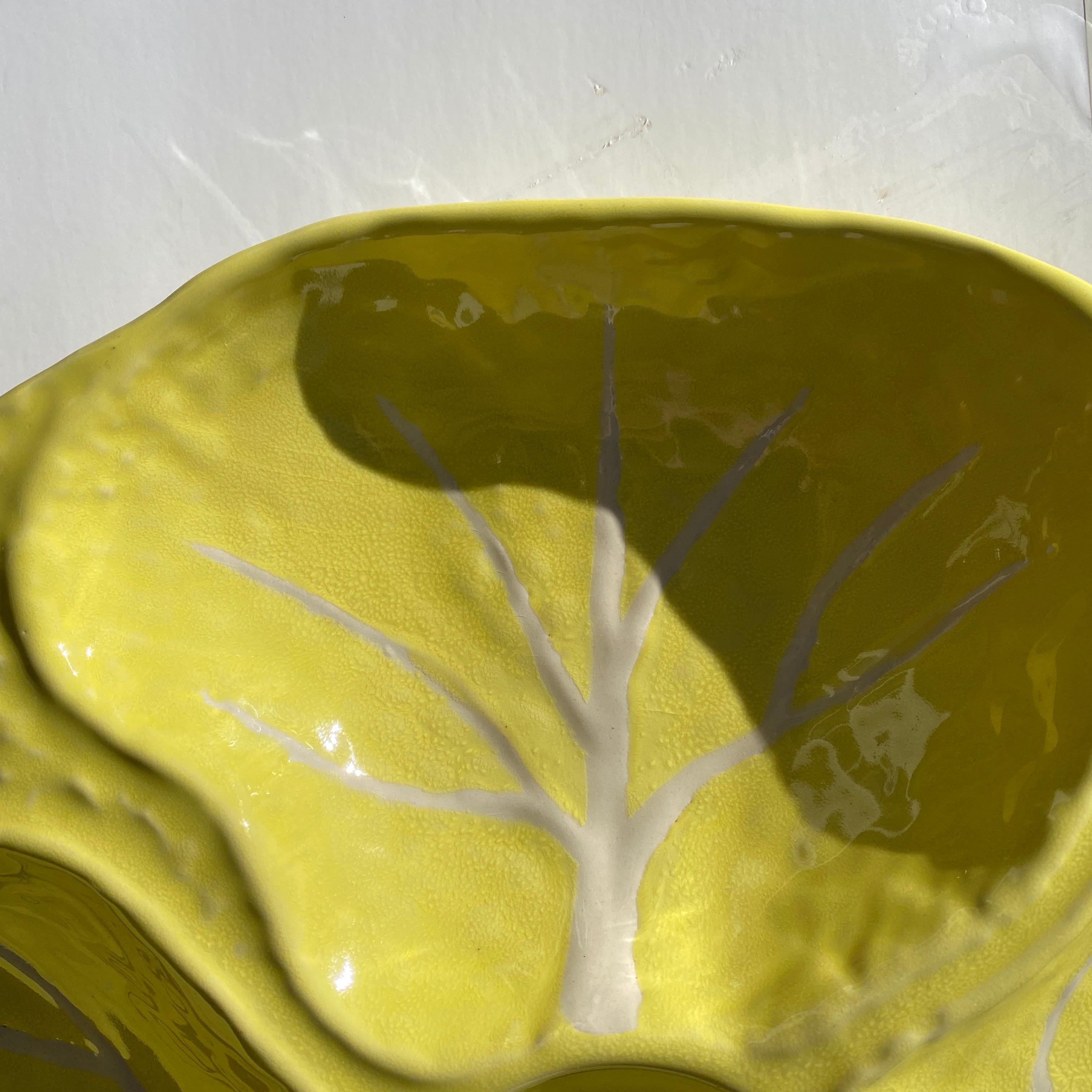 Mid-Century Modern Round Yellow Majolica Cabbage or Lettuce Serving Hors d’Oeuvres Platter Portugal
