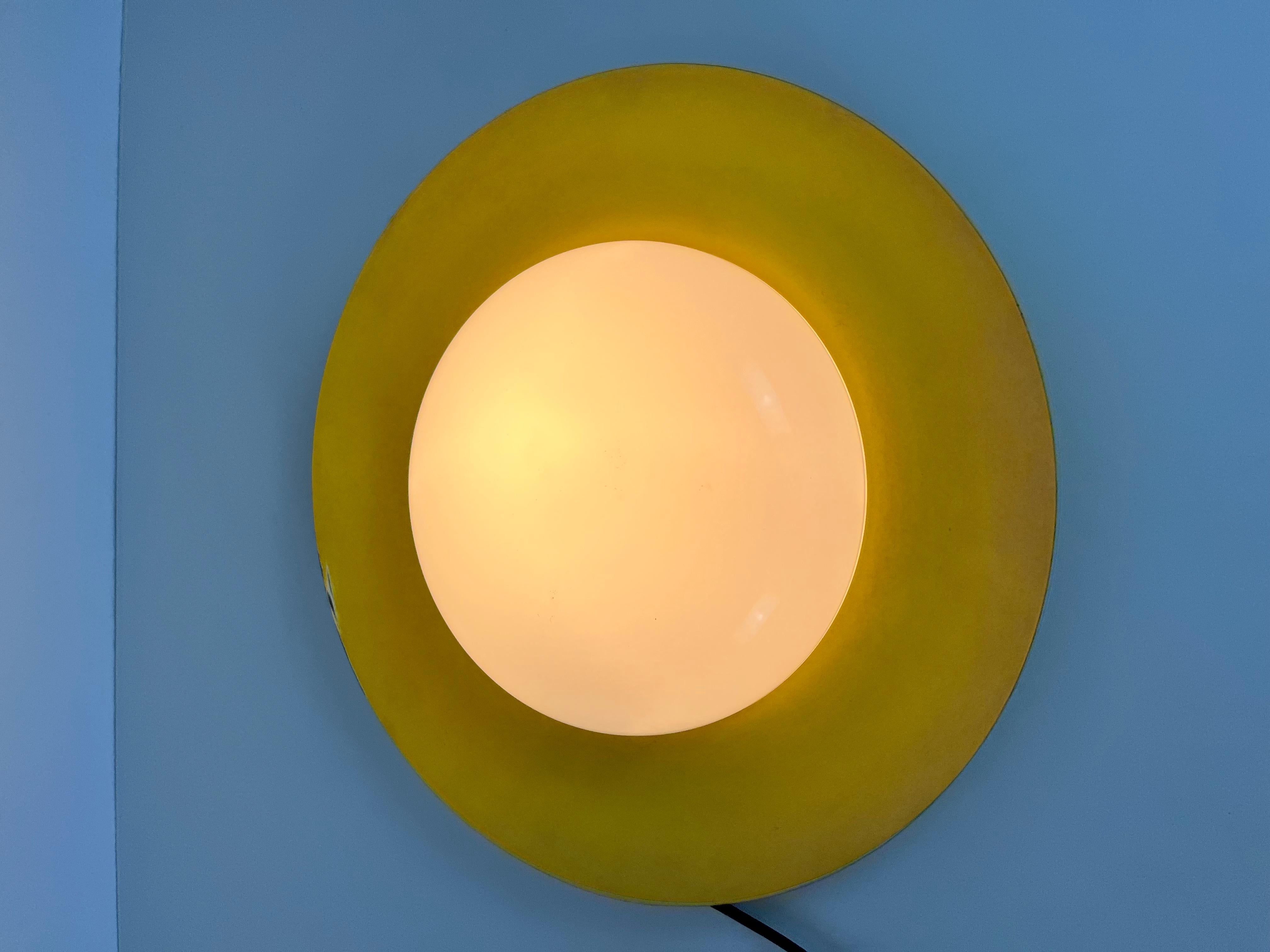 Round Yellow Midcentury Metal and Opaline Glass Flushmount by Kaiser, 1960s For Sale 3